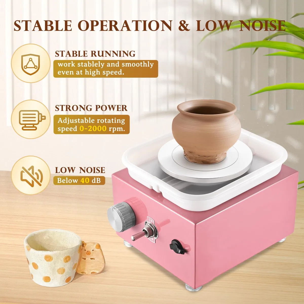 Tornio per Ceramica, Kooeuru Tornio per Argilla 2000 giri/min Velocità Regolabile con Piastre da 10/6,5 cm, Strumenti di Modellatura e Vasca Rimovibile, Tornio Ceramica per Bambini e Adulti, Rosa