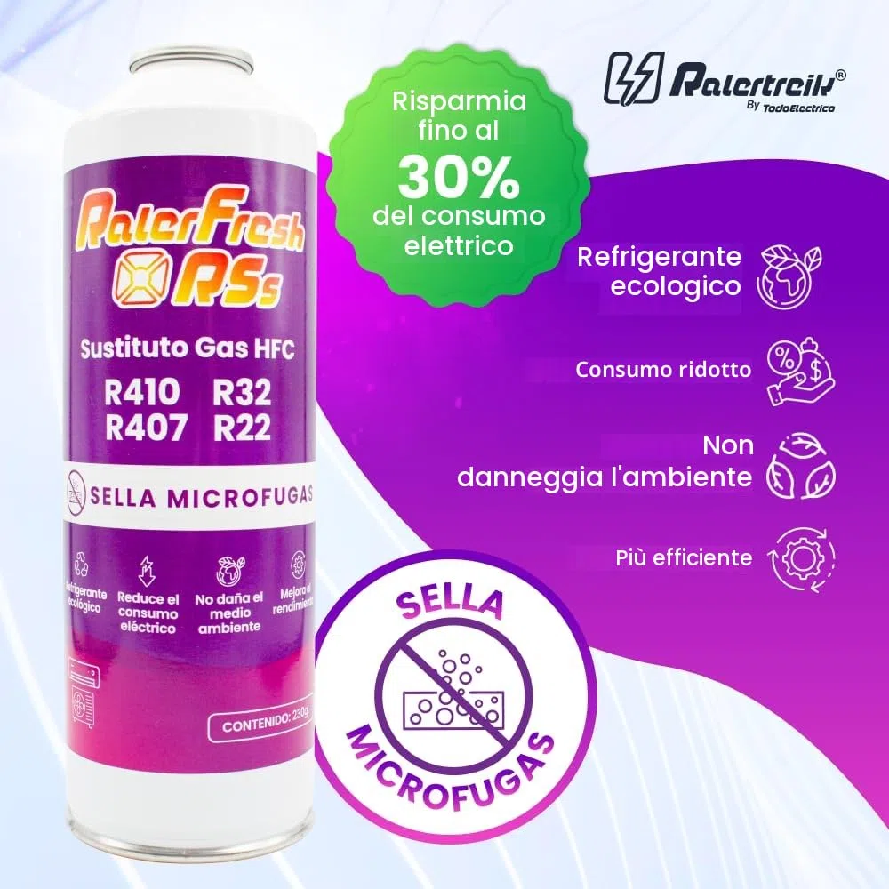 Gas refrigerante Ralerfresh RS sostituto di gas R410, R32, R407 e R22 Ricarica di gas refrigerante organico per condizionatore split ecologico ed efficiente Ricarica rapida (Bottiglia RSs + Chiave)