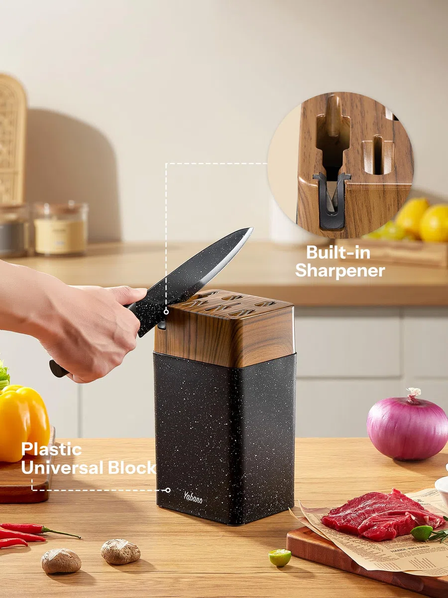 Yabano Set Coltelli da Cucina 7 Pezzi con Ceppo in Plastica e Affilatore Integrato, Lame Antiaderenti e Antiruggine in Acciaio Inox (Maculato)