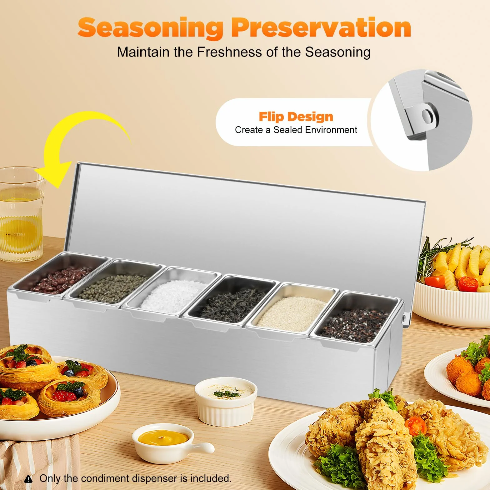 Madelynn Contenitore per ingredienti per pizza, 6 scomparti, in acciaio inox, 46 x 15 x 9 cm, rettangolare, in acciaio inox, design pieghevole, con fondo piatto, per cucine private, ristoranti