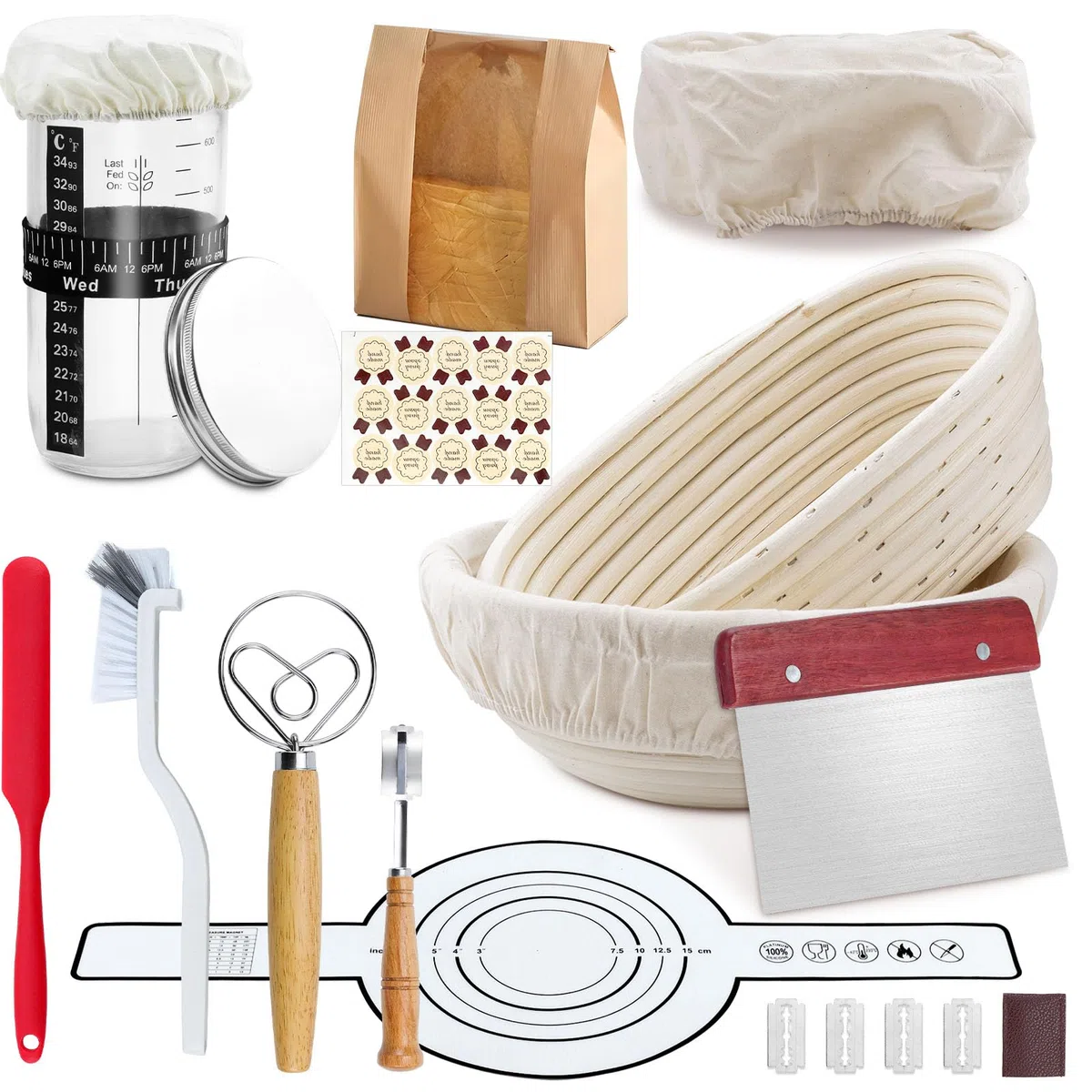Set completo per lievito naturale 12 pezzi: cestino per pane ovale da 25 cm e cestino rotondo da 23 cm, supporto per pane in silicone, barattolo per fermentazione del lievito, set di