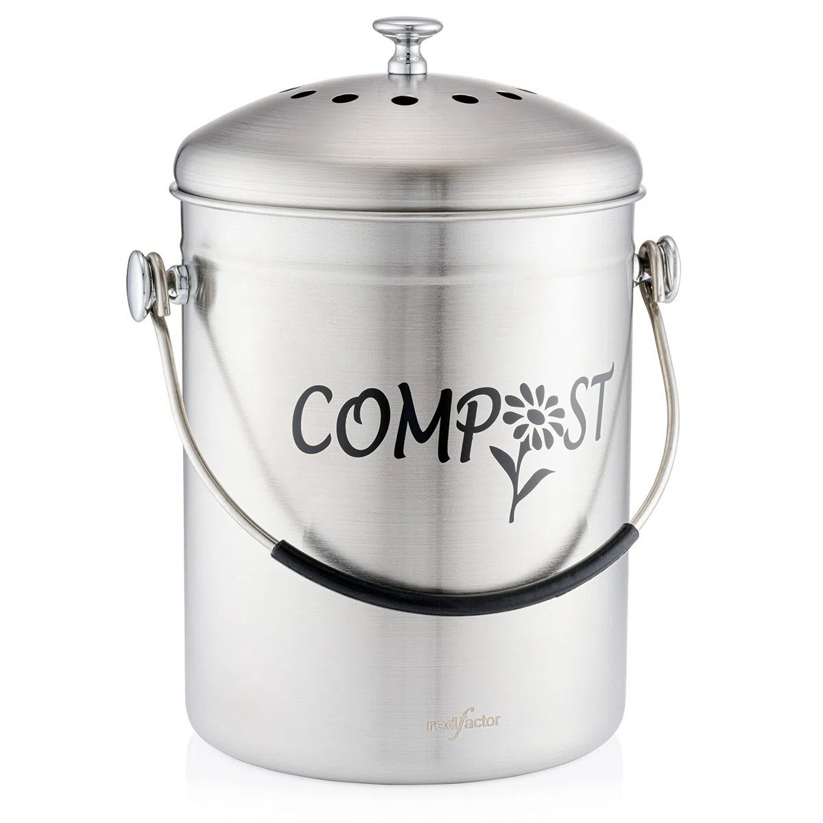RED FACTOR Deluxe Compostiera da Cucina Inodore in Acciaio Inox - Filtri di Ricambio in Carbone Attivo Inclusi (5 Litri, Inox Satinato Designer)