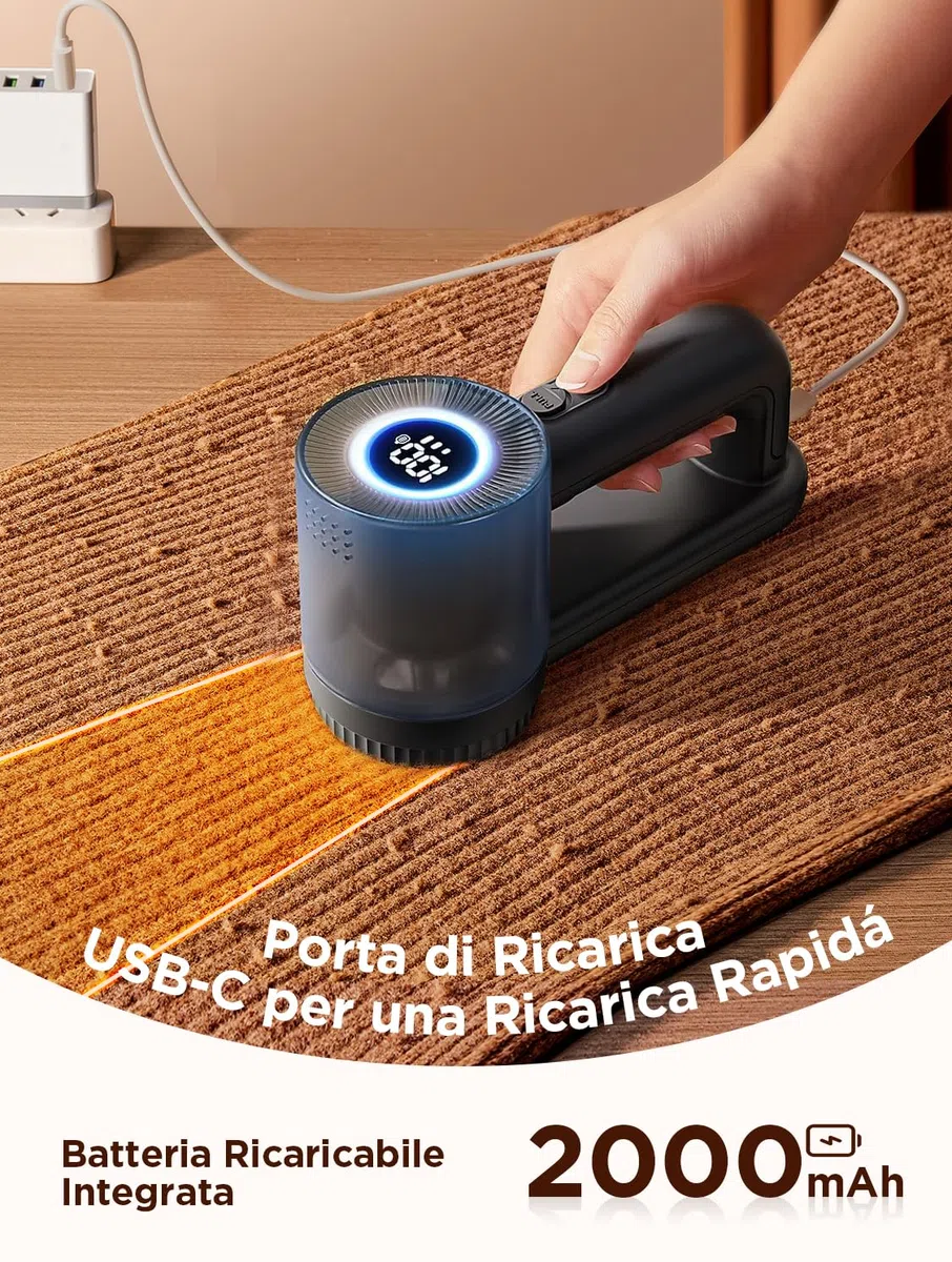 Levapelucchi Elettrico, 2 in 1 Togli Pelucchi Elettrico con Spazzola Anti Pelucchi, 2000 mAh Batteria Ricaricabile Integrata, 2 Lame Sostituibili, 3 Velocità Regolabili, Display LED, Cavo USB-C