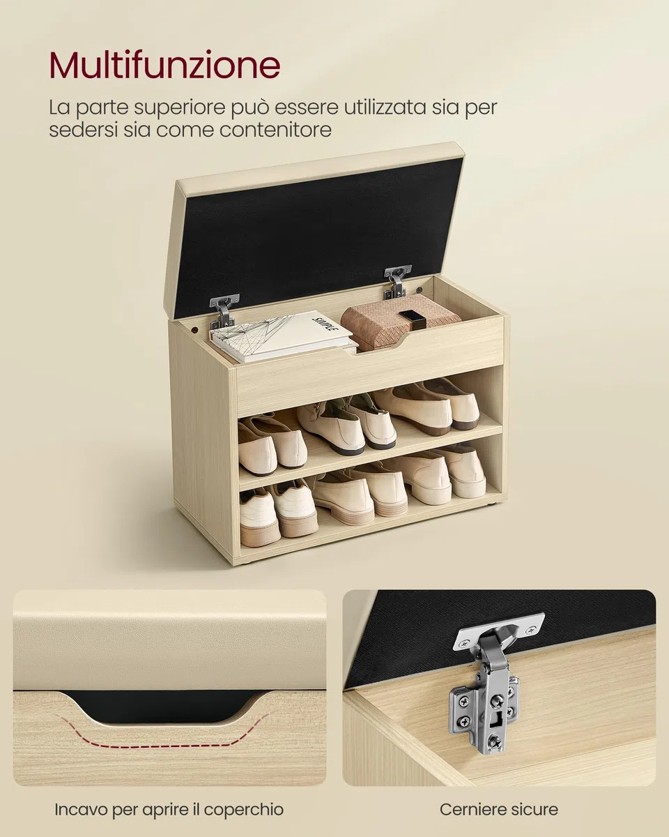 VASAGLE Panca Scarpiera, Scarpiera Ingresso con Sedile Imbottito, 3 Scomparti, 30 x 60 x 44 cm, per Corridoio Camera da Letto Soggiorno, Beige Naturale LHS020K01
