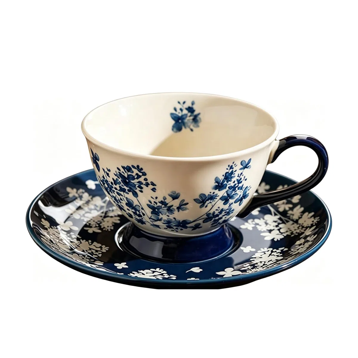 fanquare Elegante Set Tazzina da Caffè e Piattino in Porcellana 220ml,Tazza da Tè Vintage con Motivo Floreale Blu marino e bianco Servizio da Tè Pomeridiano Elegante per Casa e Ufficio