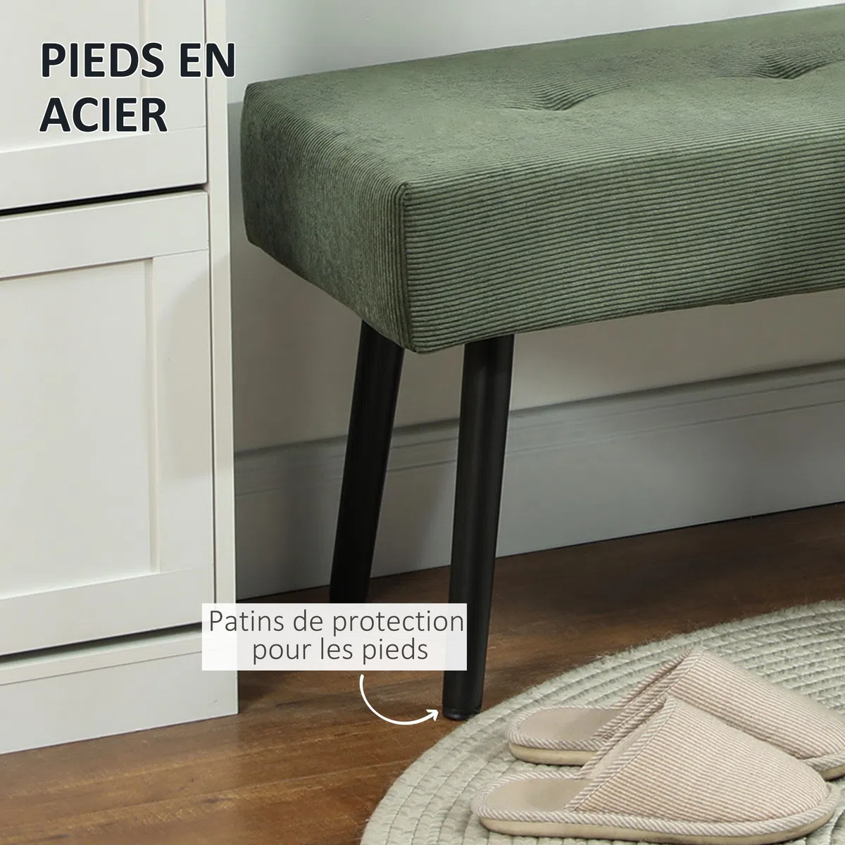 HOMCOM Panca per panca moderna con testiera imbottita in velluto a coste e gambe in acciaio nero, ideale per ingresso, soggiorno, camera da letto, carico 220 kg, 100 x 36 x 45 cm, verde