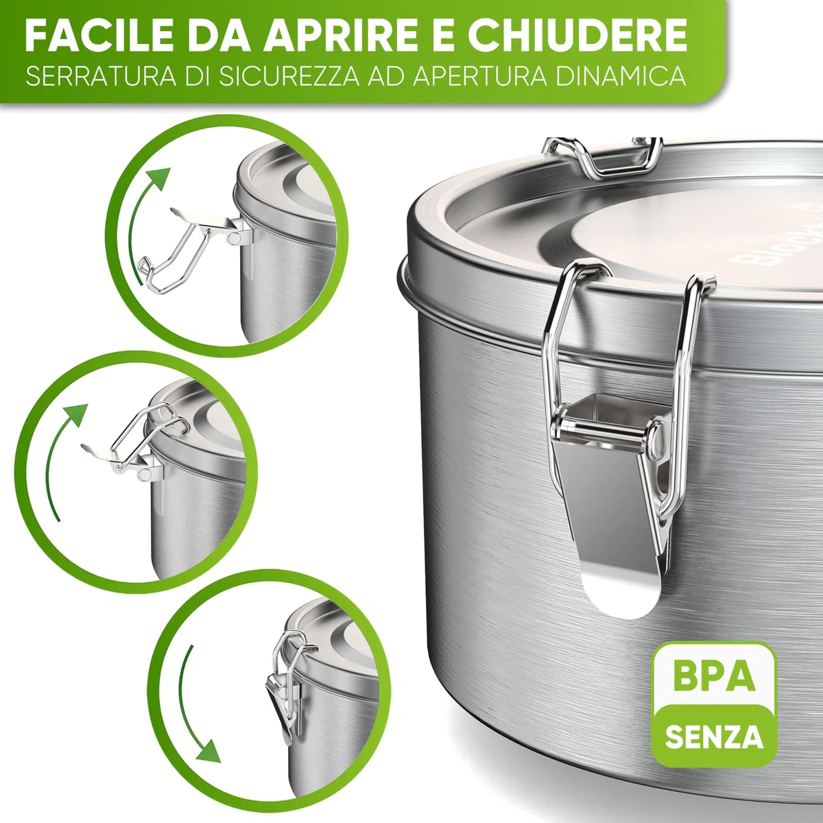 Blockhütte Portapranzo, Lunch Box Acciaio Inox Rotondo I 1800ml I Lunchbox con Cucchiaio e due Guarnizioni, Porta Pranzo Ermetico, Bento Box a Prova di Perdite, Contenitore Pranzo, Portavivande