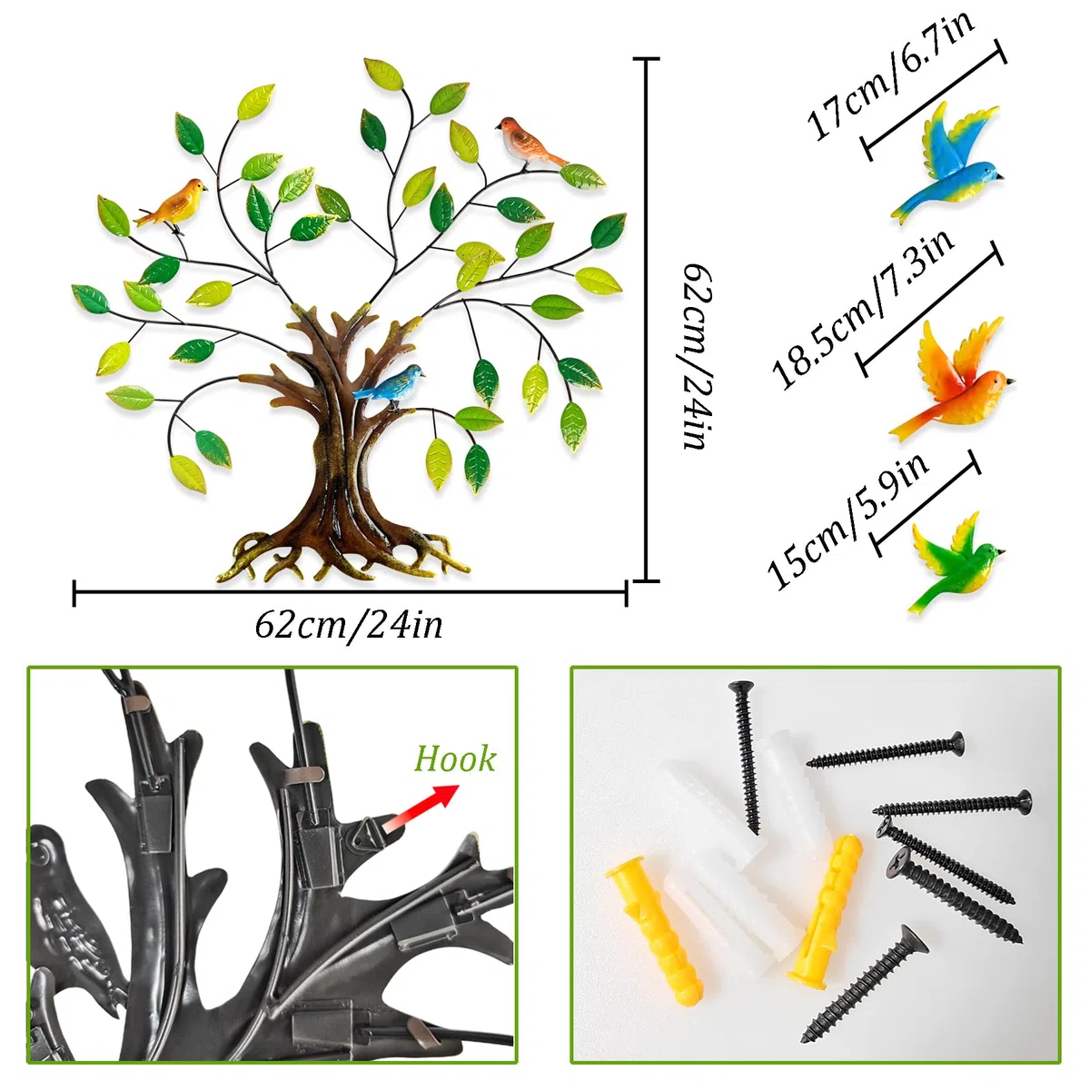 Luccyle Decorazione da parete in metallo Tree of Life con foglie verdi e colibrì Grande decorazione da parete in metallo Tree of Life Regalo ispiratore per la tua casa o il tuo giardino 24,8 pollici