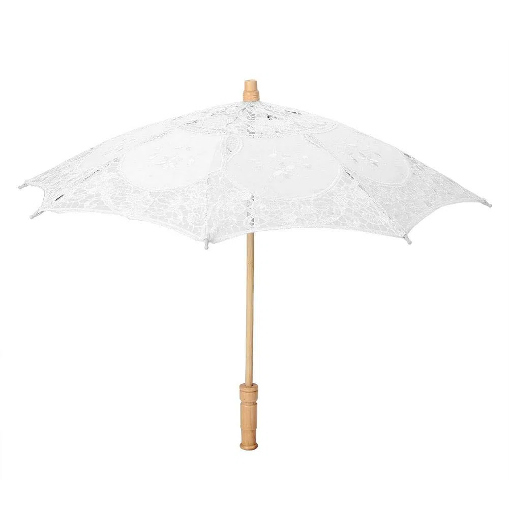 Zerodis Ombrello da Sposa in Pizzo, Parasole Decorativo Fatto a Mano, Manico in Legno, Bianco