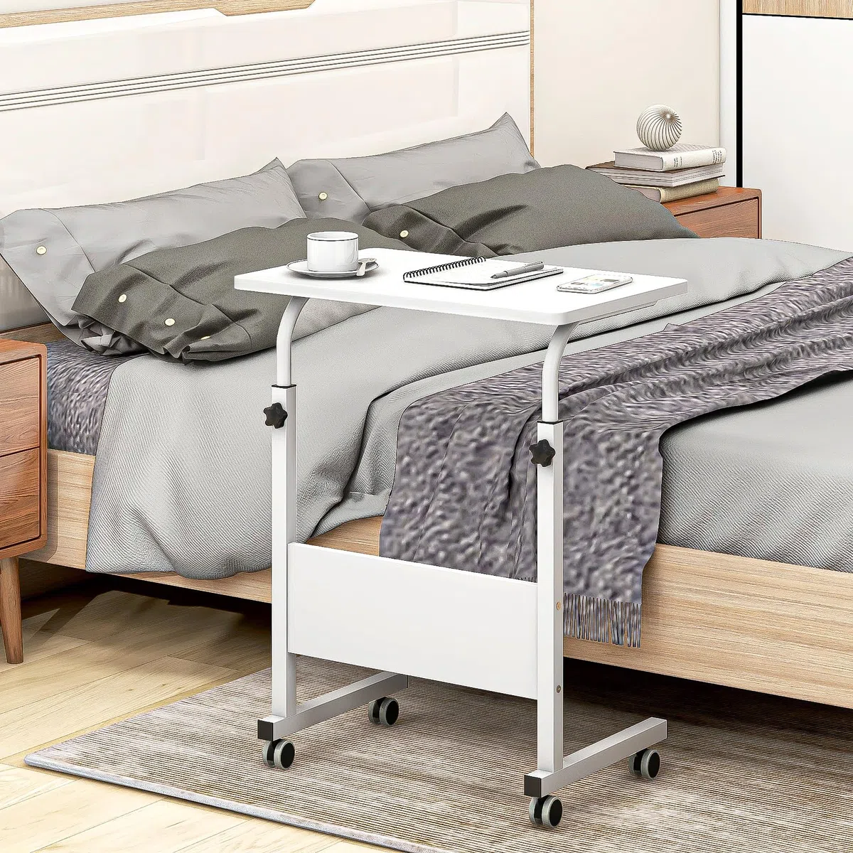 sogesfurniture Tavolo per computer portatile regolabile in altezza, con ruote, tavolino mobile per la cura del letto e del divano, 60 x 40 x 71-90 cm, bianco