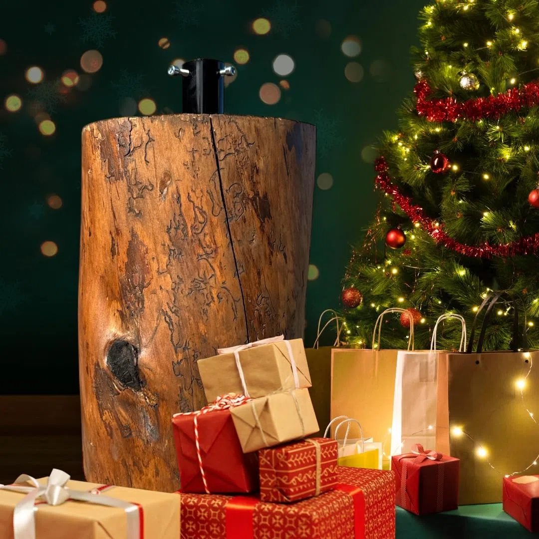 base per albero di natale in legno tronco di abete realistico, vero tronco realizato a mano, 35x25 per albero artificile da 150 180 210 cm