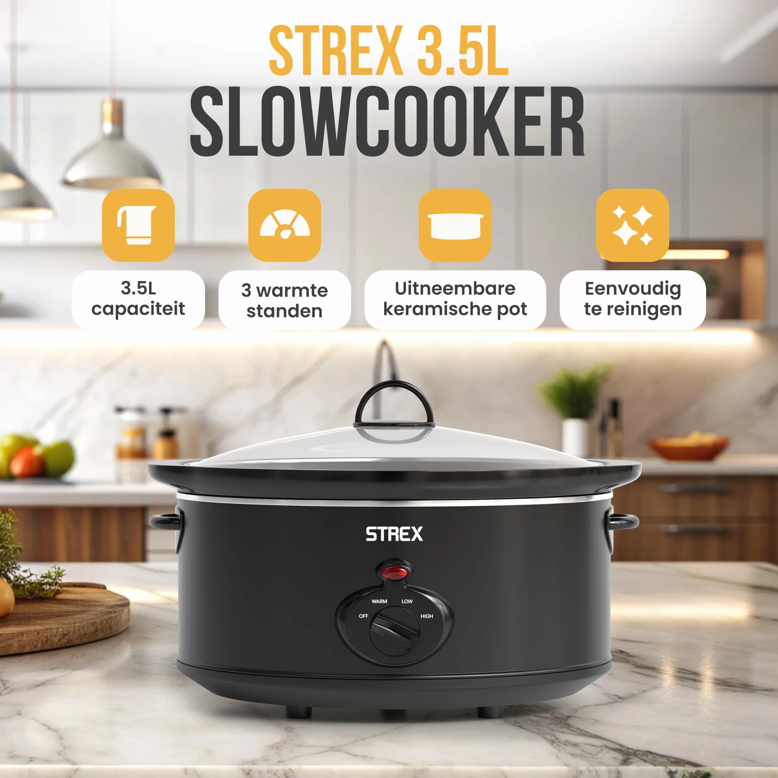 Strex Pentola a cottura lenta 3,5 L - Pentola interna in ceramica rimovibile - Funzione di mantenimento in caldo - Slow Cooker - Nero
