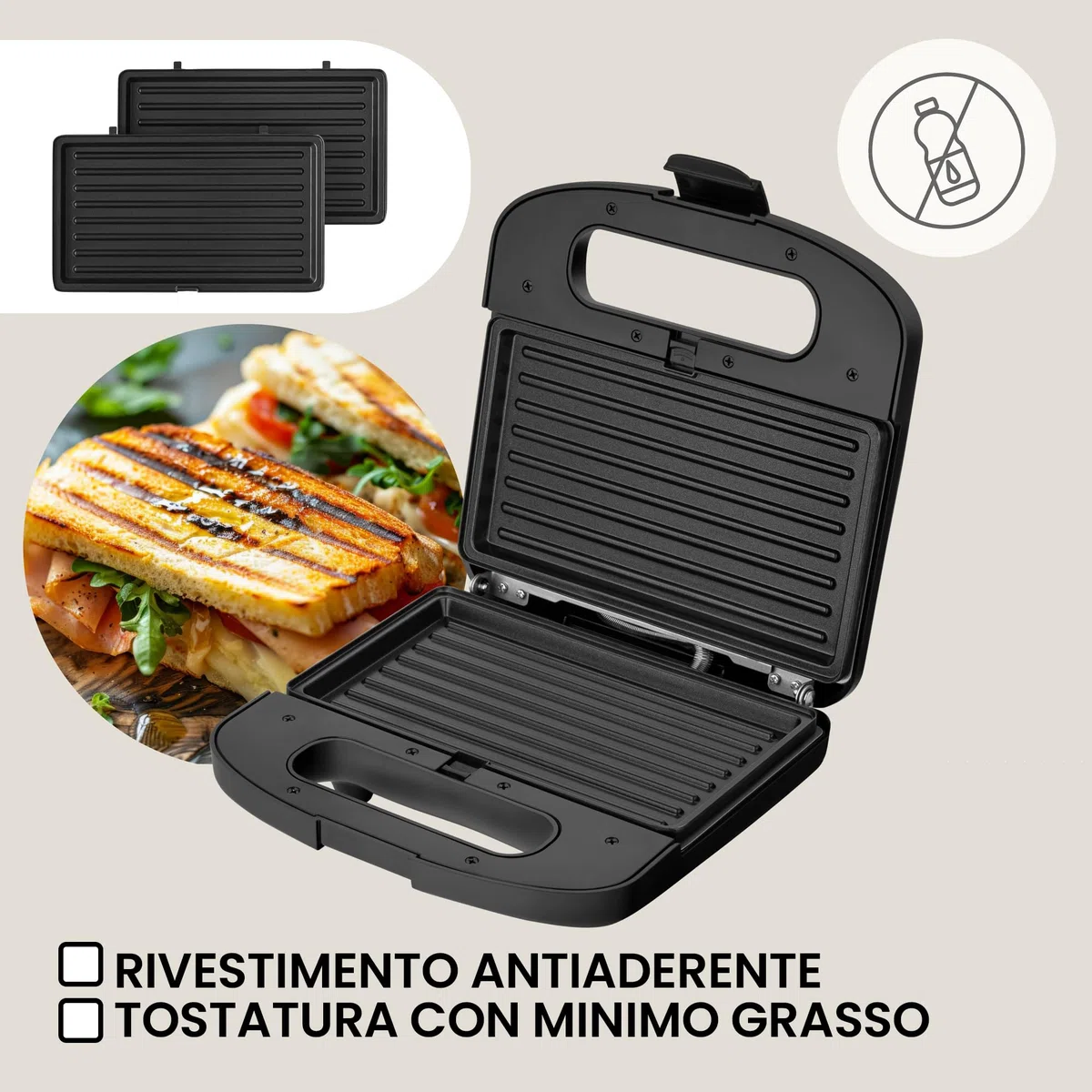 ZEEGMA ROTEE CHEF EASY Tostiera Multifunzione 750 W 5 in 1, per Toast Pane Waffles Panini Biscotti Griglia, Tostapane, Piastre antiaderenti Protezione dal Surriscaldamento