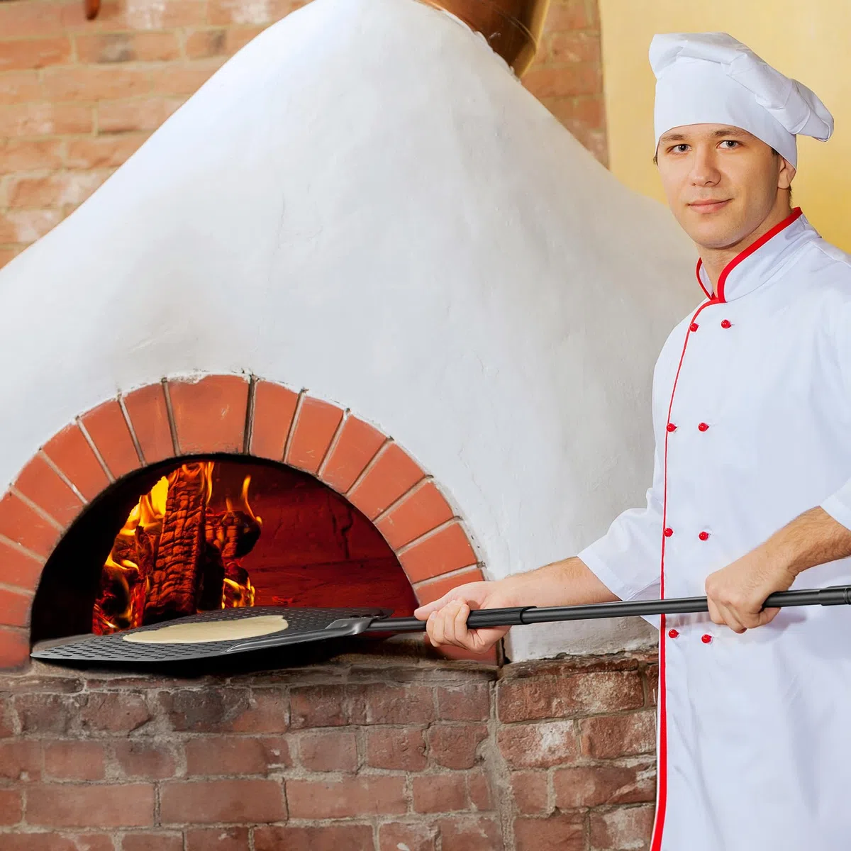 Pala per Pizza, 30 cm x 39 cm Pala per Pizza Lunga in Alluminio Anodizzato Duro con Manicotto in Silicone Termoisolante, Raschietto per Pizza Forata per Pizzas, Pane per Forno, Lunghezza Totale 111 cm
