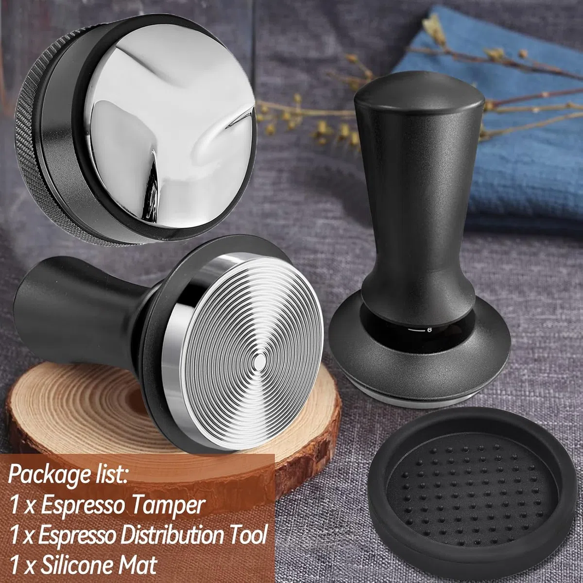 Set Tamper e Distributore Caffè 58mm Pressacaffè Calibrato con Livellatore, Acciaio Inox 304, con Base Silicone
