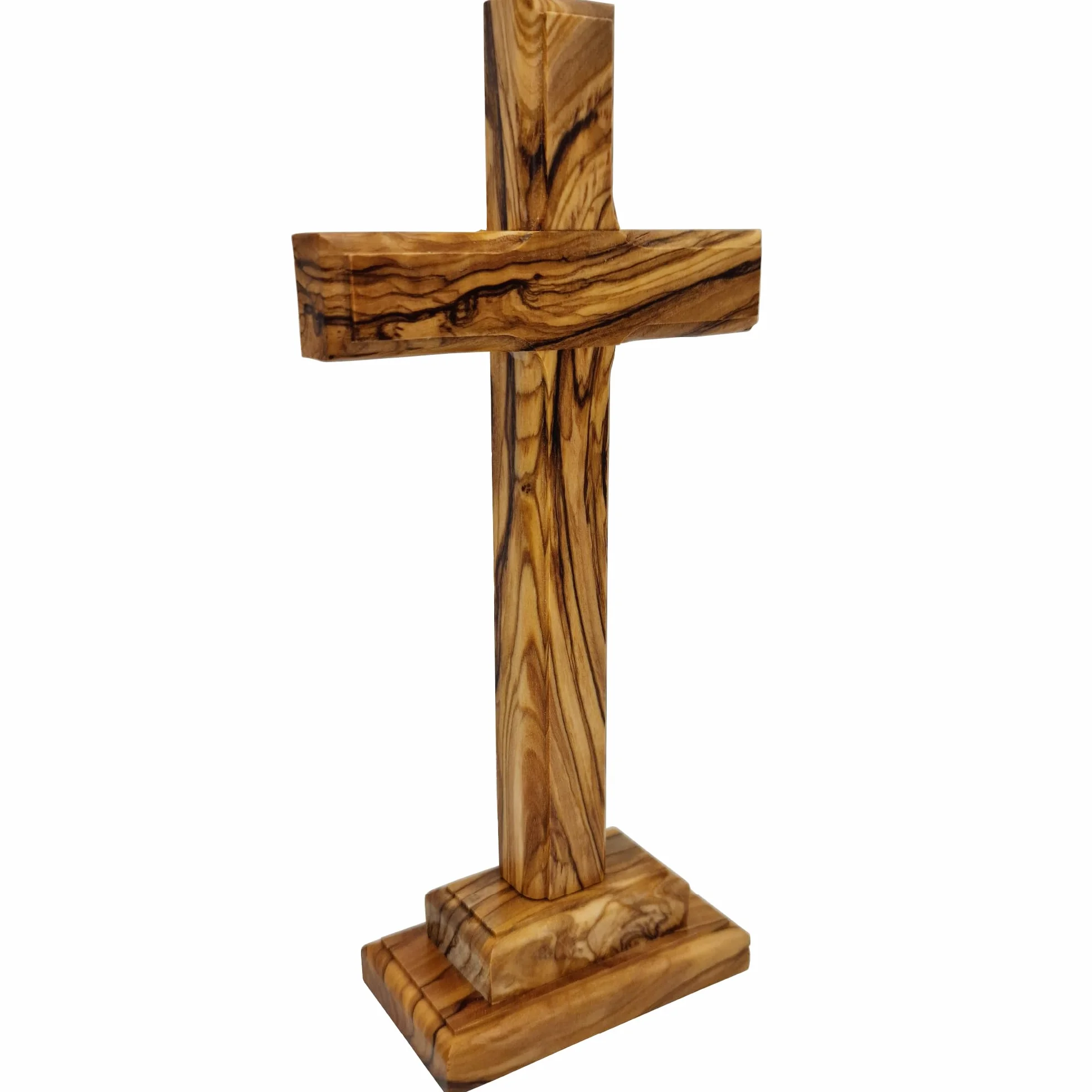 Lunexus Croce in legno d'ulivo, 18,5 cm, realizzata a mano in Betlemme, benedetta con certificato di consacrazione, croce da tavolo con supporto, regalo per battesimo, comunione, cresima, decorazione