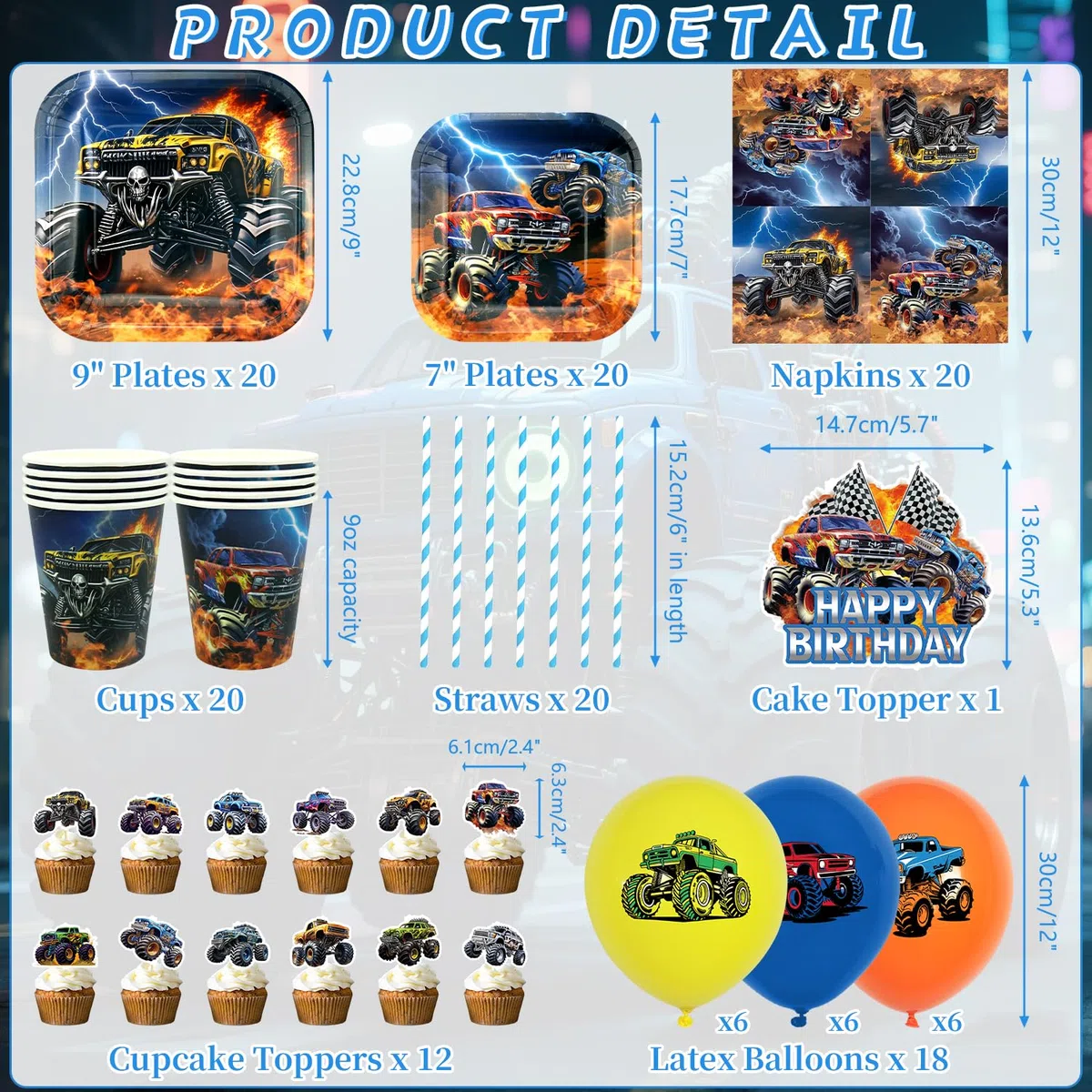 Monster Truck Decorazioni per feste di compleanno – Monster Truck accessori per feste tra cui sfondo, piatti, decorazioni per torte, bicchieri, tovaglioli, palloncini, tovaglia – per 20