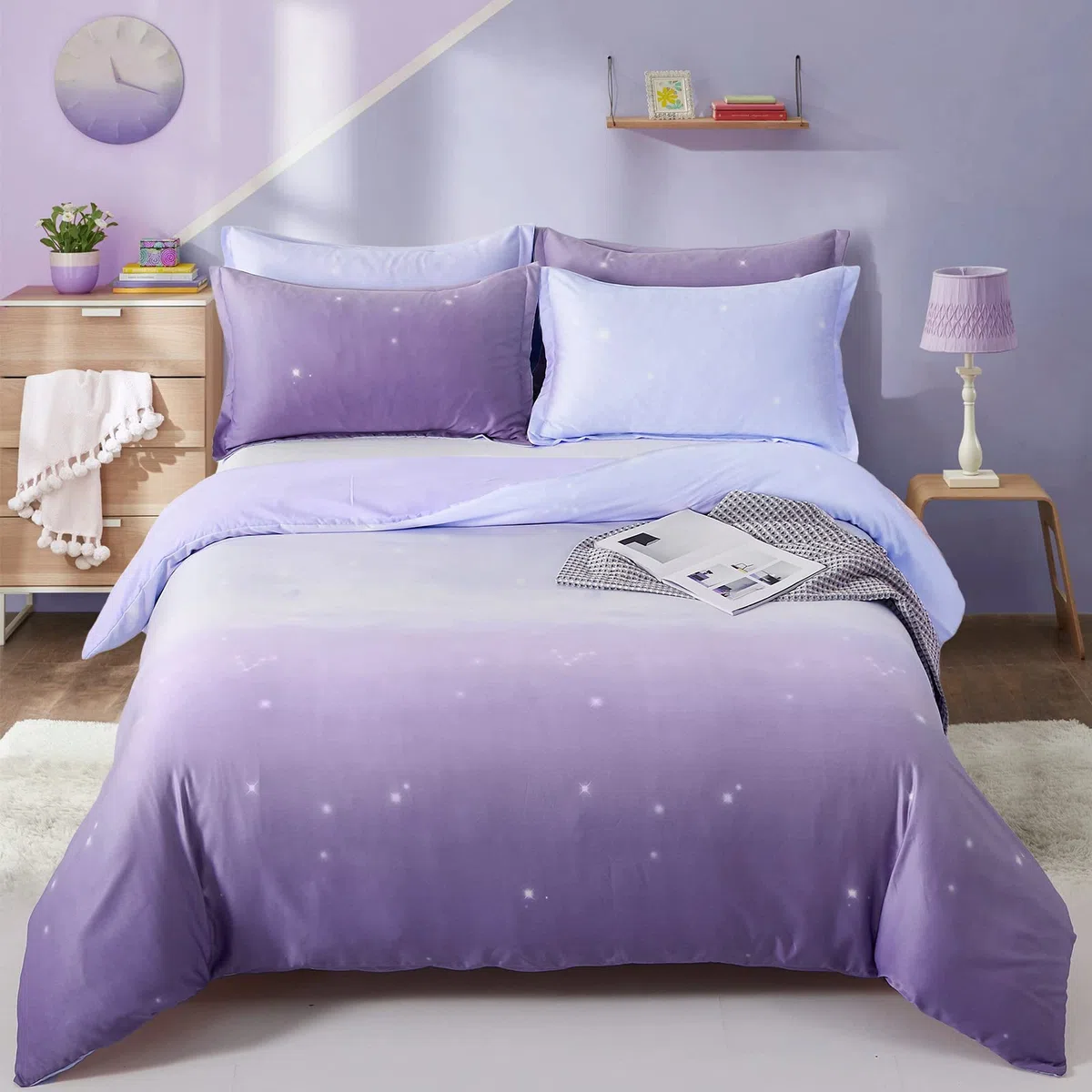 Set di biancheria da letto viola con copripiumino color lavanda e arcobaleno, con chiusura a cerniera, per bambini, ragazze, adolescenti e adulti (letto singolo, 135 x 200 cm)