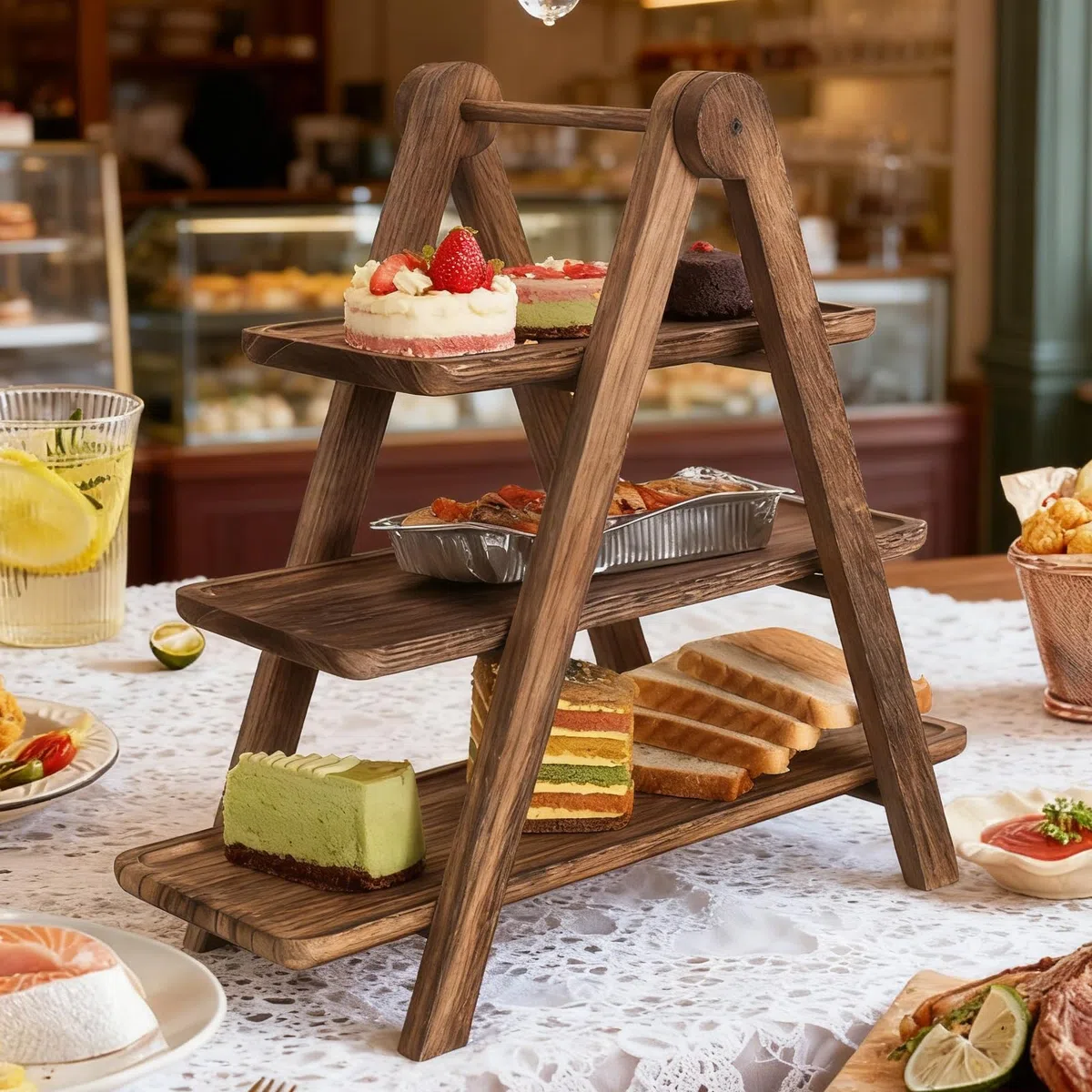 Vassoio Da Portata A 3 Livelli, Espositore Per Dessert A 3 Livelli Con Superficie Per Alimenti, Alzatina Per Dolci In Legno Pieghevole, 3 Vassoi In Legno Per Cupcake Per Dolci, Snack E Formaggi, Porta