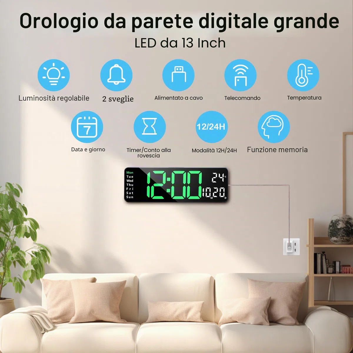 Lafocuse Orologio da Parete Digitale Grande LED Display, 13" Facile da Leggere con Telecomando,Temperatura,Calendario,2 Allarme,Luminosità Regolabile,12/24 Ore per Soggiorno Cucina Ufficio, Verde