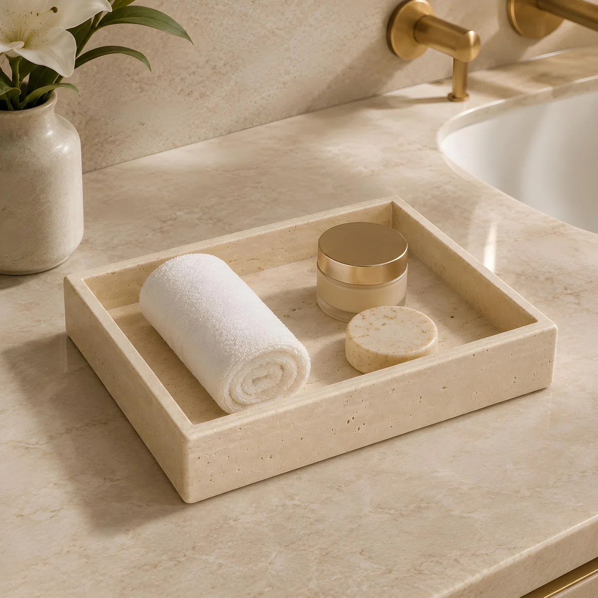 Vassoio in Travertino Naturale Kalu Creations - Vassoio Bagno Portaoggetti Decorativo, Porta Profumi e Candele - Organizer Bagno Pietra - Made in Italy - 20 x 15 cm