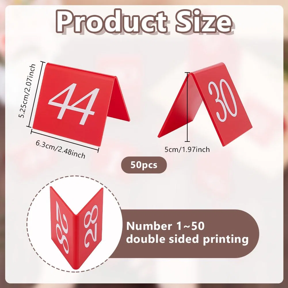 OLYCRAFT 50pz Numeri Da Tavolo In Acrilico 1-50 Numeri Da Tavolo per Ristoranti Numero Da Tavoli A Tenda Bifacciali Cartelli con Numero Rossi 6.3x5.3x5cm per Banchetti Ricevimenti Ristoranti Matrimoni