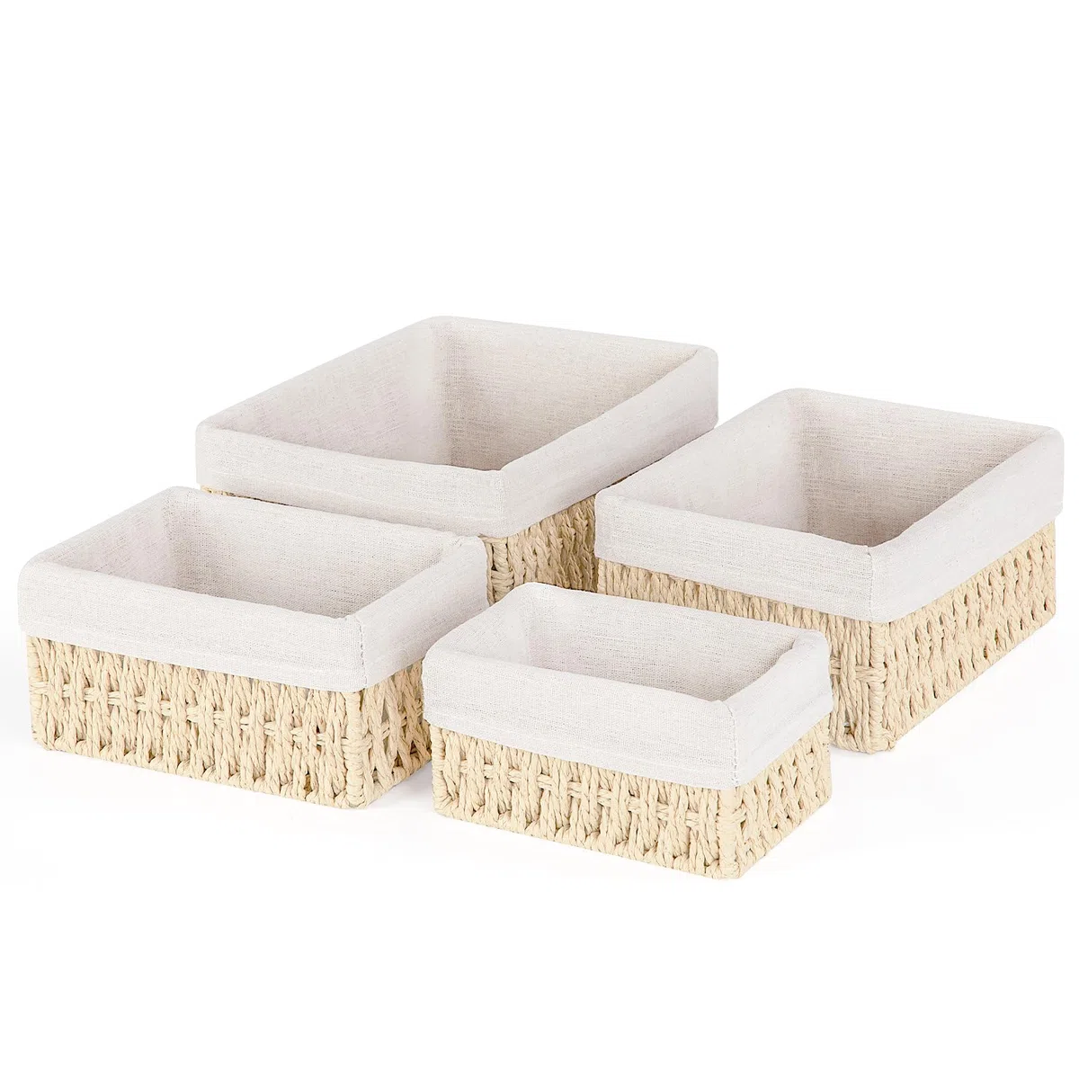Set di 4 Cestini Portaoggetti in Corda di Carta, Cesto Vimini Intrecciato a Mano per Bagno, Camera dei Bambini, Cucina e Soggiorno - Ideale per Giocattoli, Cosmetici e Organizzazione(Beige)