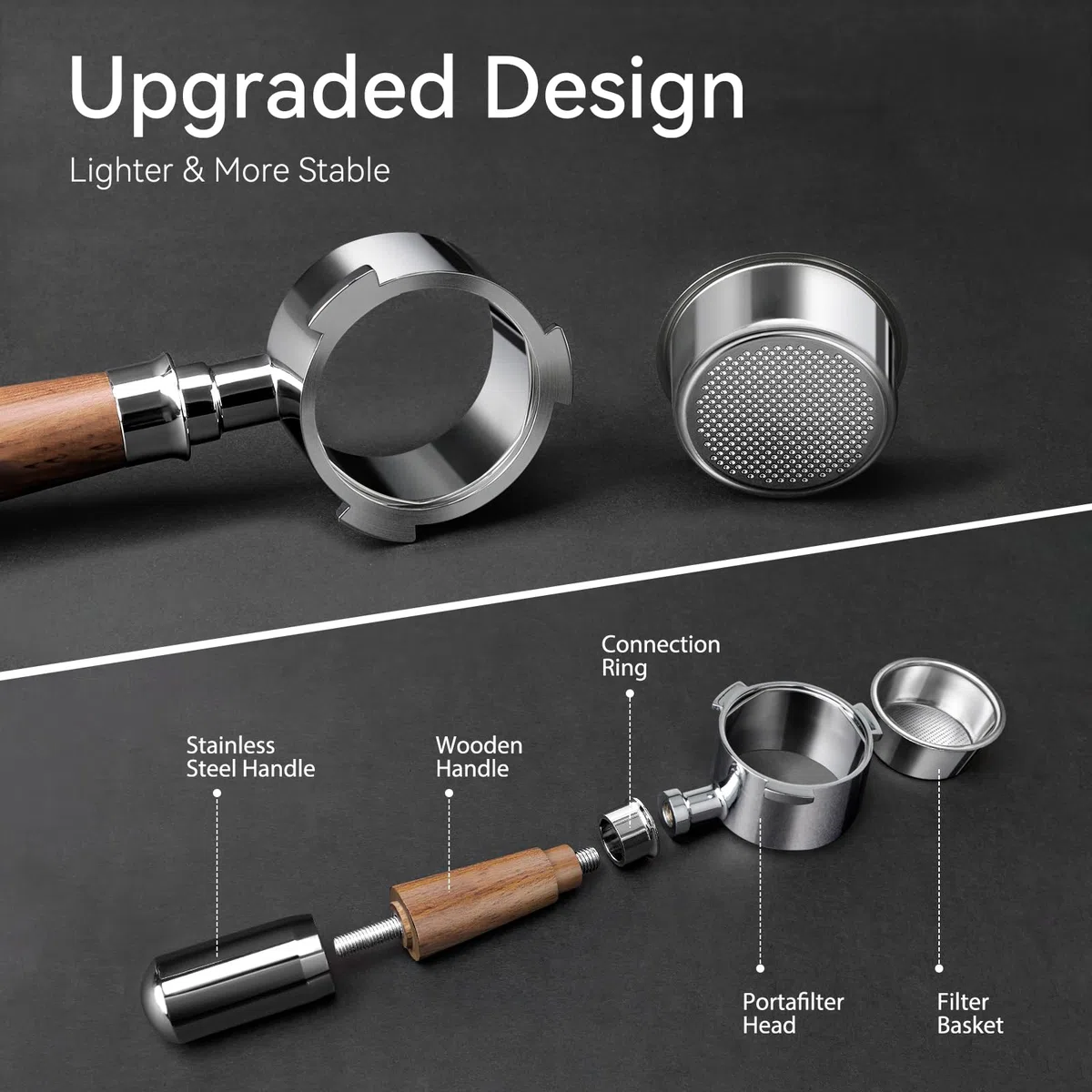 VINATO Portafiltro Senza Fondo 51mm - Cestello in Acciaio Inox con Manico in Noce - Compatibile con DeLonghi EC680/EC685/EC885/EC890 (3 Orecchie)