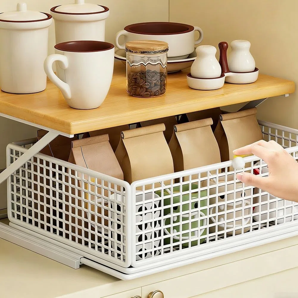 Organizzatore verticale da cucina a 2 livelli, scaffale scorrevole in metallo per forno a microonde, bianco, 35 x 25 x 18 cm
