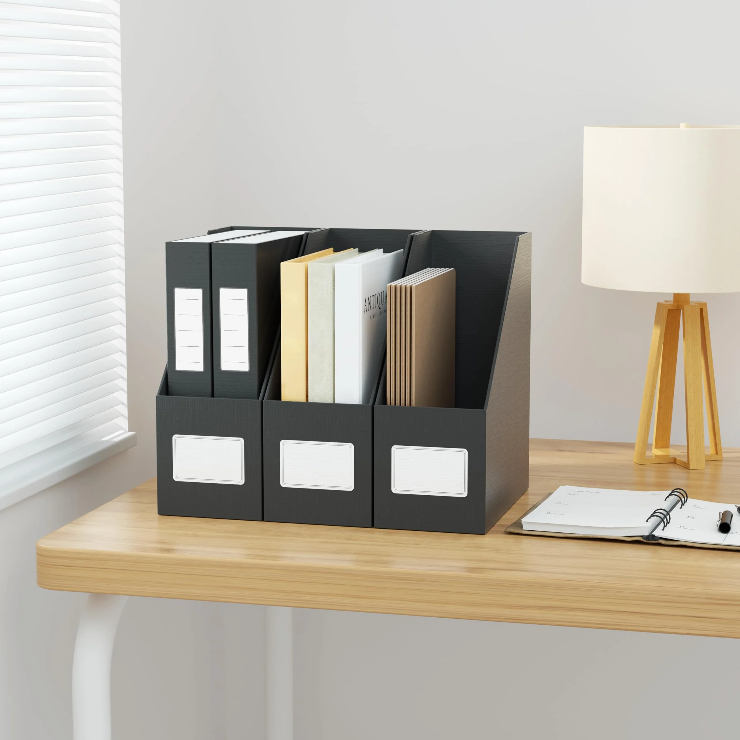 JiaWei Portariviste 3 Pezzi, Fondo Robusto, Realizzato in Cartone Extra Robusto da 1800 g/m², Larghezza 10,5 cm, A4 Cartella stand-up, per casa, ufficio e scuola - Nero