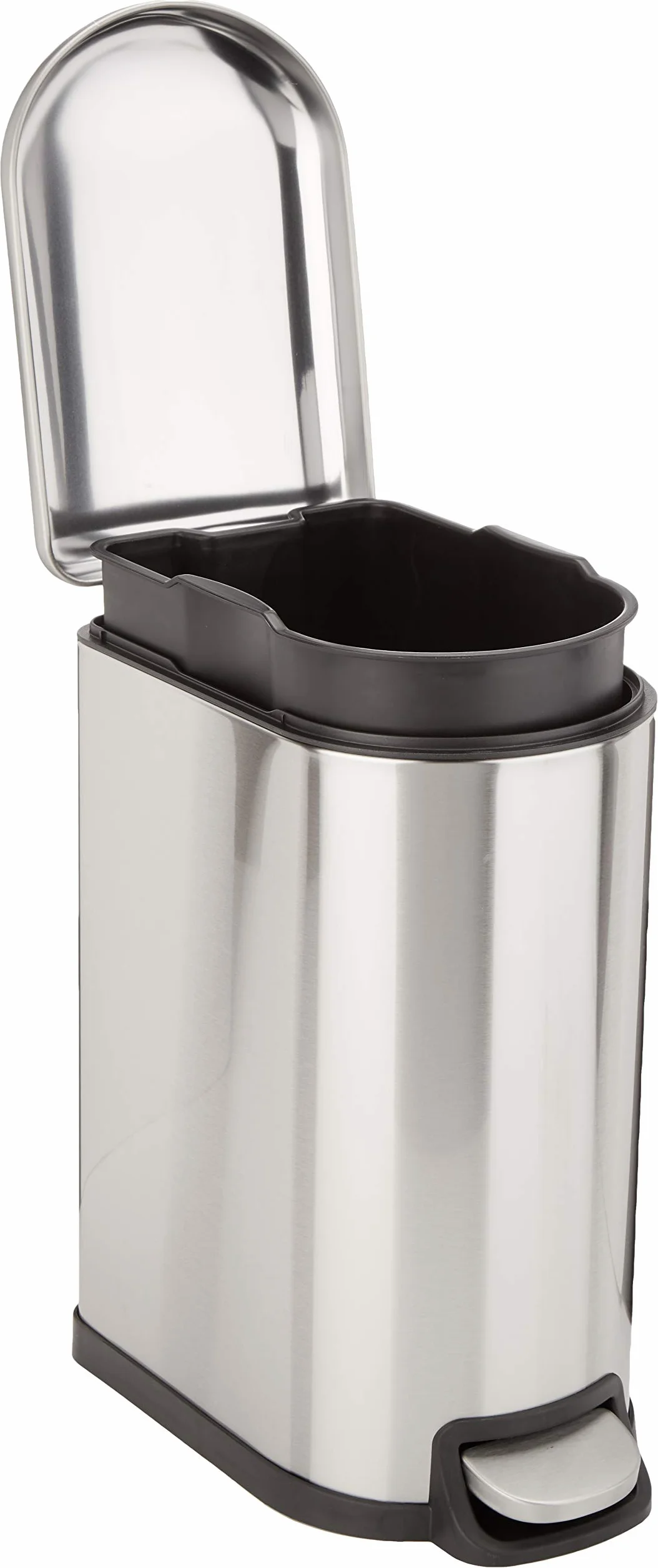 Amazon Basics Pattumiera a D, piccola, antimacchia, con pedale a chiusura ammortizzata, per bagno, camera da letto o soggiorno,sottile per spazi stretti, 10 l,in acciaio inox spazzolato, 2.6 gallons