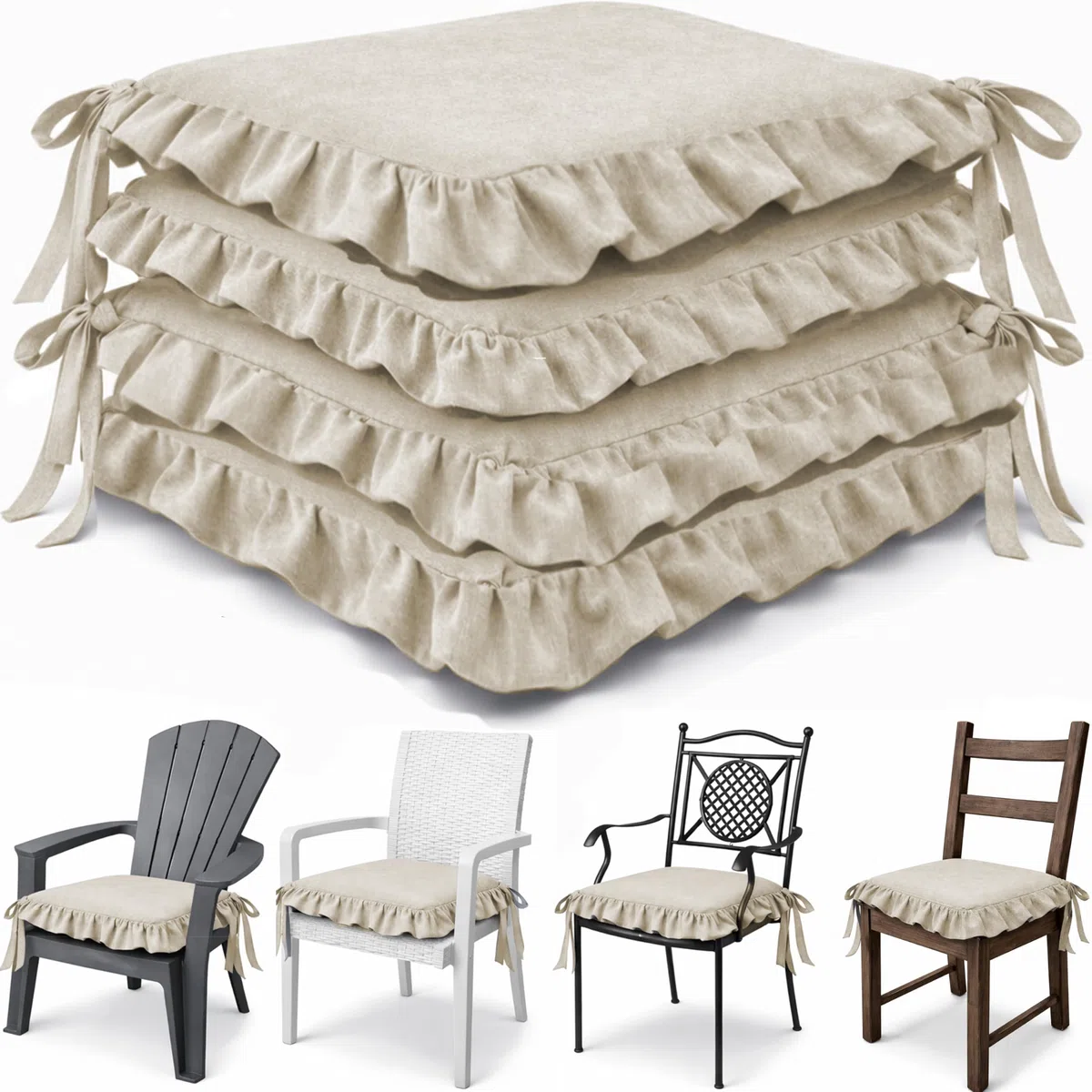 HAND Set 4 Cuscini per Sedie con Lacci Antiscivolo, Sfoderabili, Imbottitura Inclusa, Dimensioni con bordi 45x45 cm, Adatto per Cucina, Interni ed Esterno (Beige)