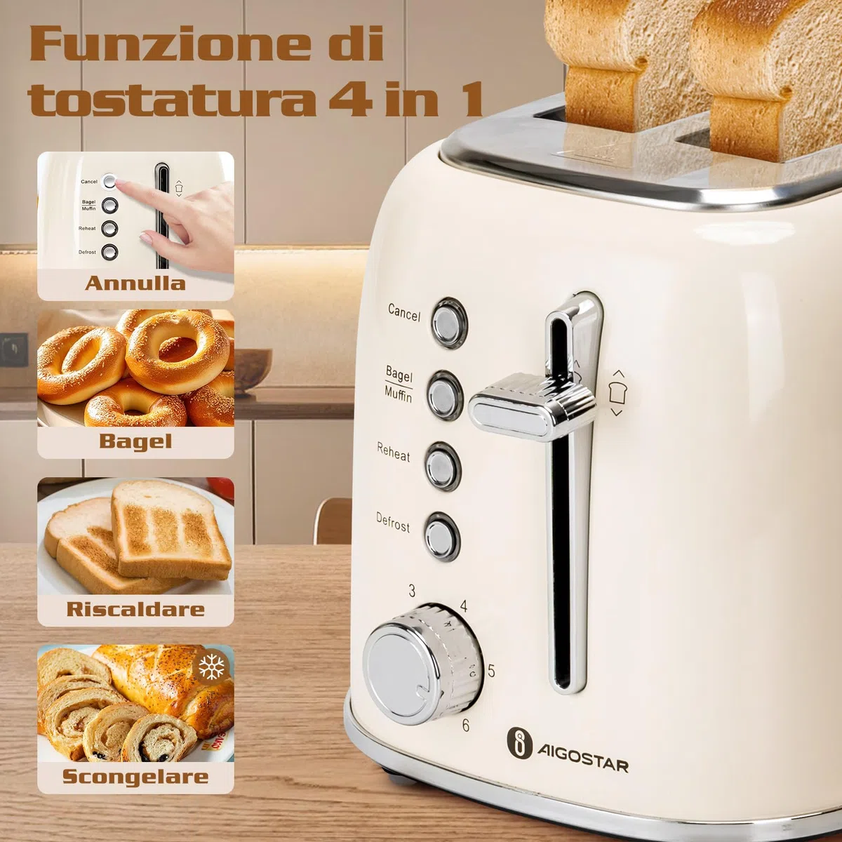 Aigostar Tostapane vintage, 2 fette con fessure extra larghe, 4 funzioni con funzione bagel, tostapane, 6 livelli di tostatura, 800W, acciaio inossidabile, vassoio raccogli briciole rimovibile, Cream