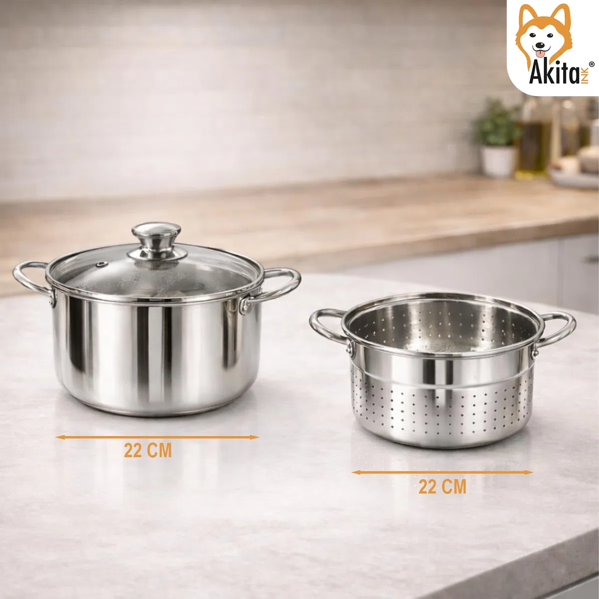 AKITAInk Bollipasta 22 cm in Acciaio Inox con Cestello e Coperchio in Vetro Temperato, Pentola per Pasta con Fondo Termodiffusore e Scolapasta Integrato