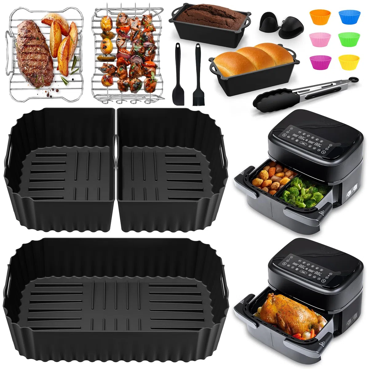Accessori Friggitrice ad Aria per Philips Airfryer Serie 1000 7.1L, Riutilizzabile Customised Stampi Teglie & Griglia, per Philips Friggitrice ad Aria con Singolo/Doppio Cestello Flexi 7.1L(NA154/00) | 3 stampi in silicone per friggitrice ad aria, riutili