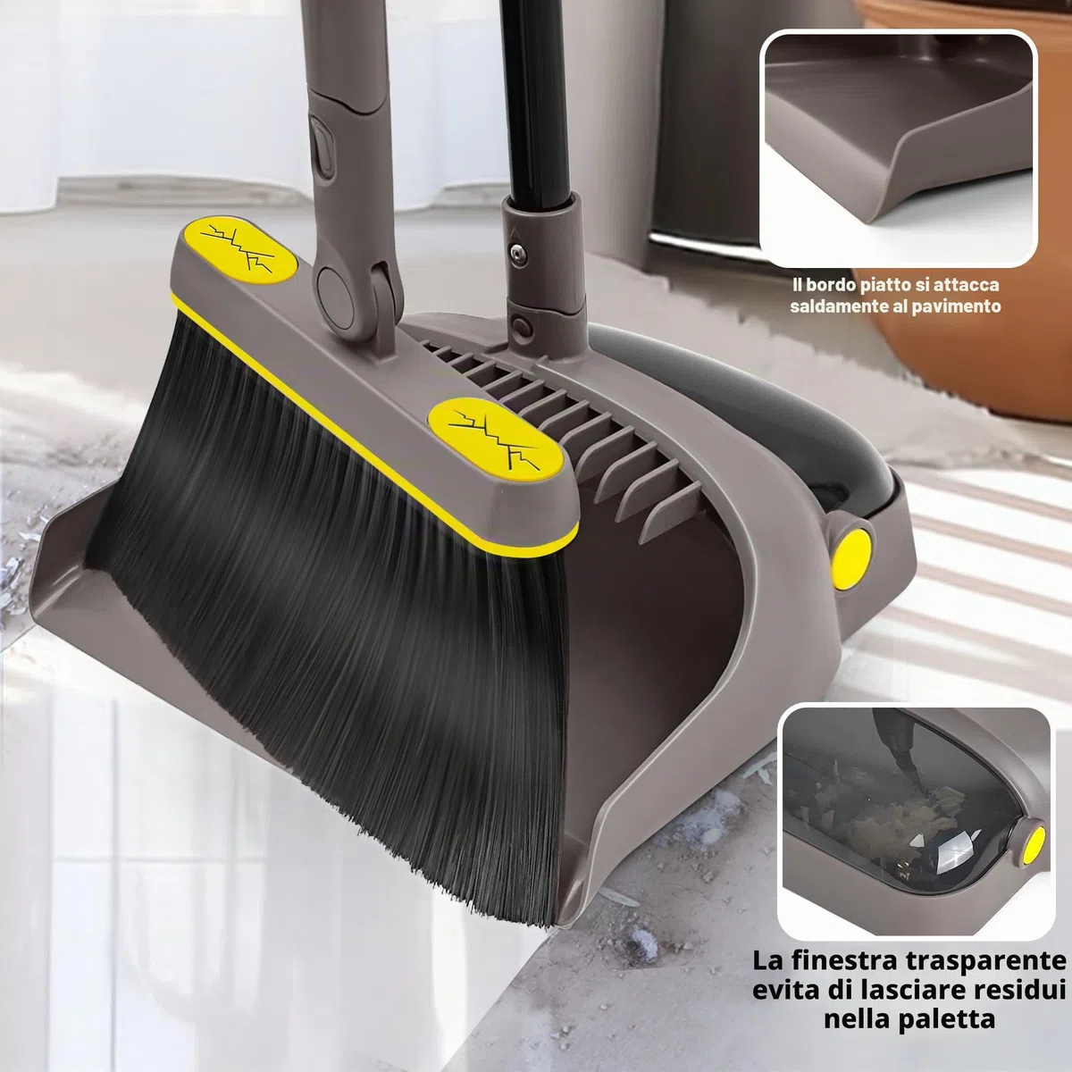 JEHONN Scopa e Paletta con Manico Lungo 138CM, Salvaspazio 180 Gradi Spazzola Brevettato Openable Dustpan Tail Richiudibile per Cucina Giardino Casa Ufficio (Marrone Giallo)