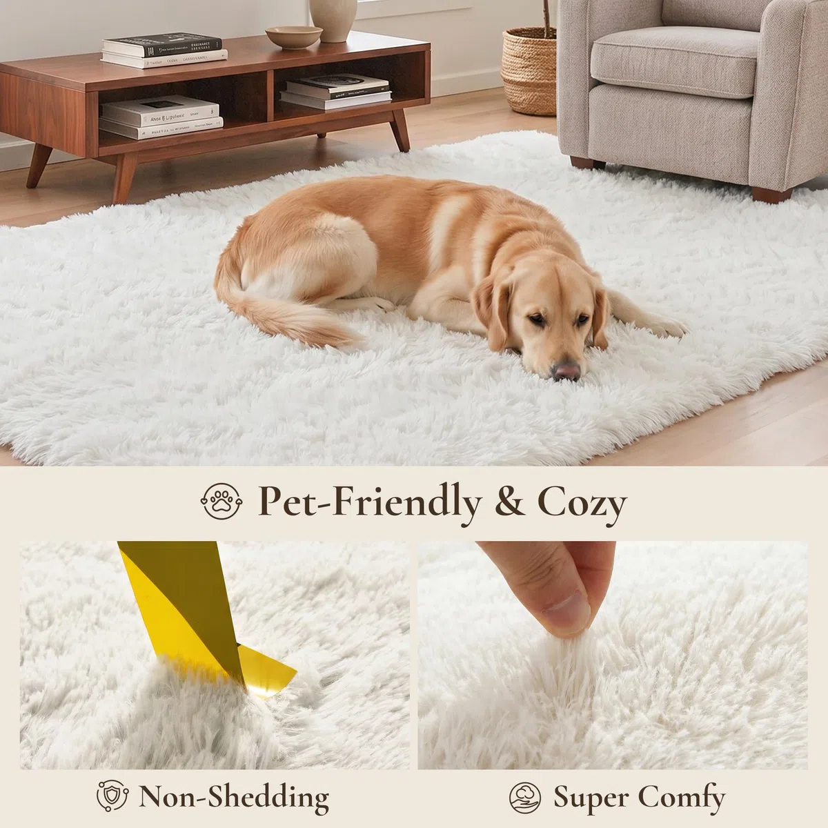 BEIMO Tappeto morbido e soffice shaggy, 120 x 170 cm, in finta pelliccia, non perde pelo, colore: bianco