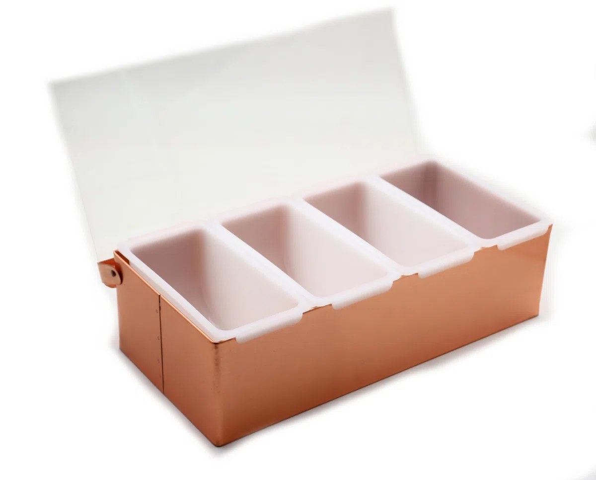 Porta Condimenti Pizzeria Pizza Bar 4 Vaschette in Acciaio Inox Ramato, Dispensatore di Condimenti, Contenitore Portacondimenti con Coperchio, Vassoio per Frutta Contorno e Condimento (4 scomparti)