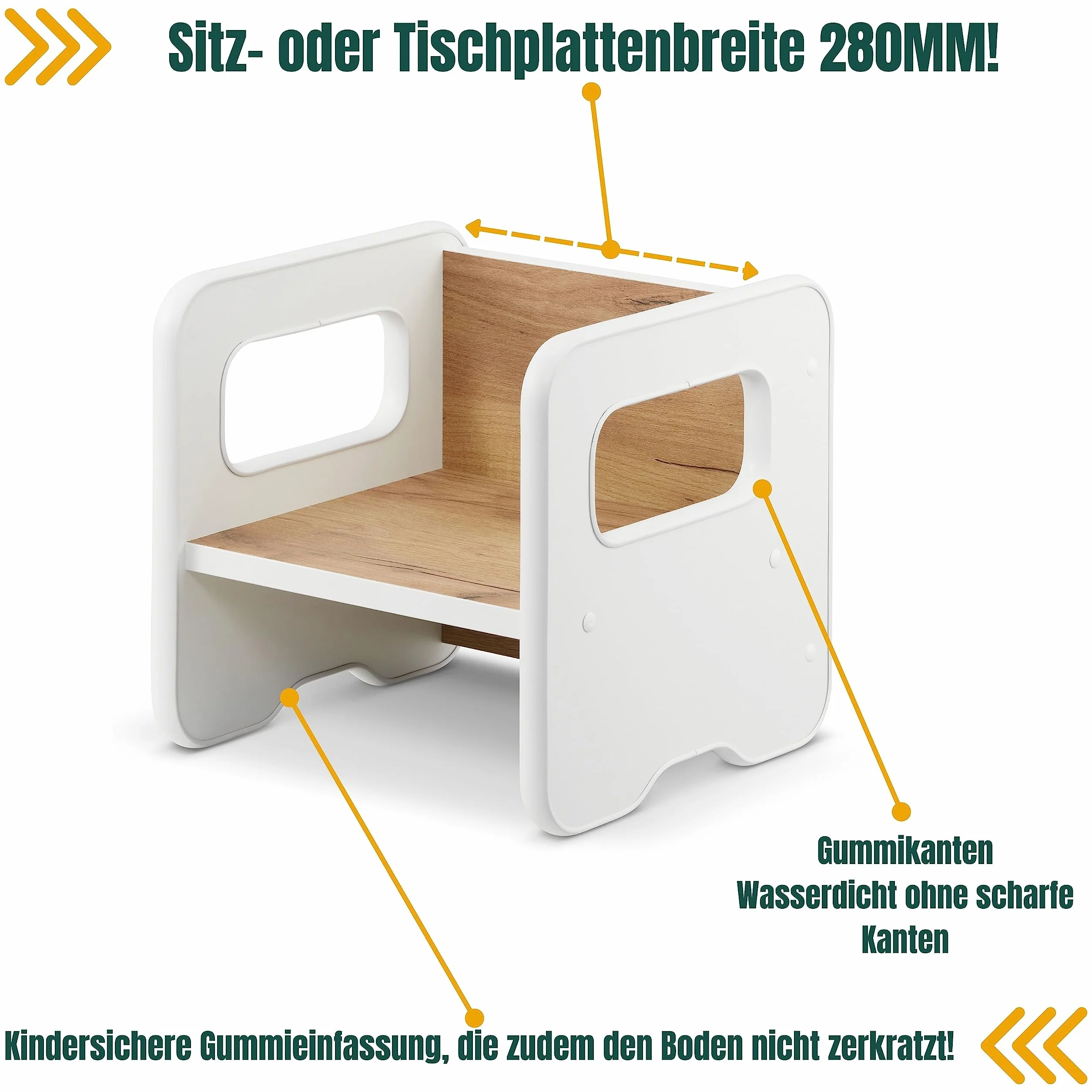 defiPad Sgabello per bambini | sgabello elegante double face | Poltrona per bambini da 1 anno | Sedia per bambini in legno | Sedia trasformabile in tavolo | (Bianco + Rovere)