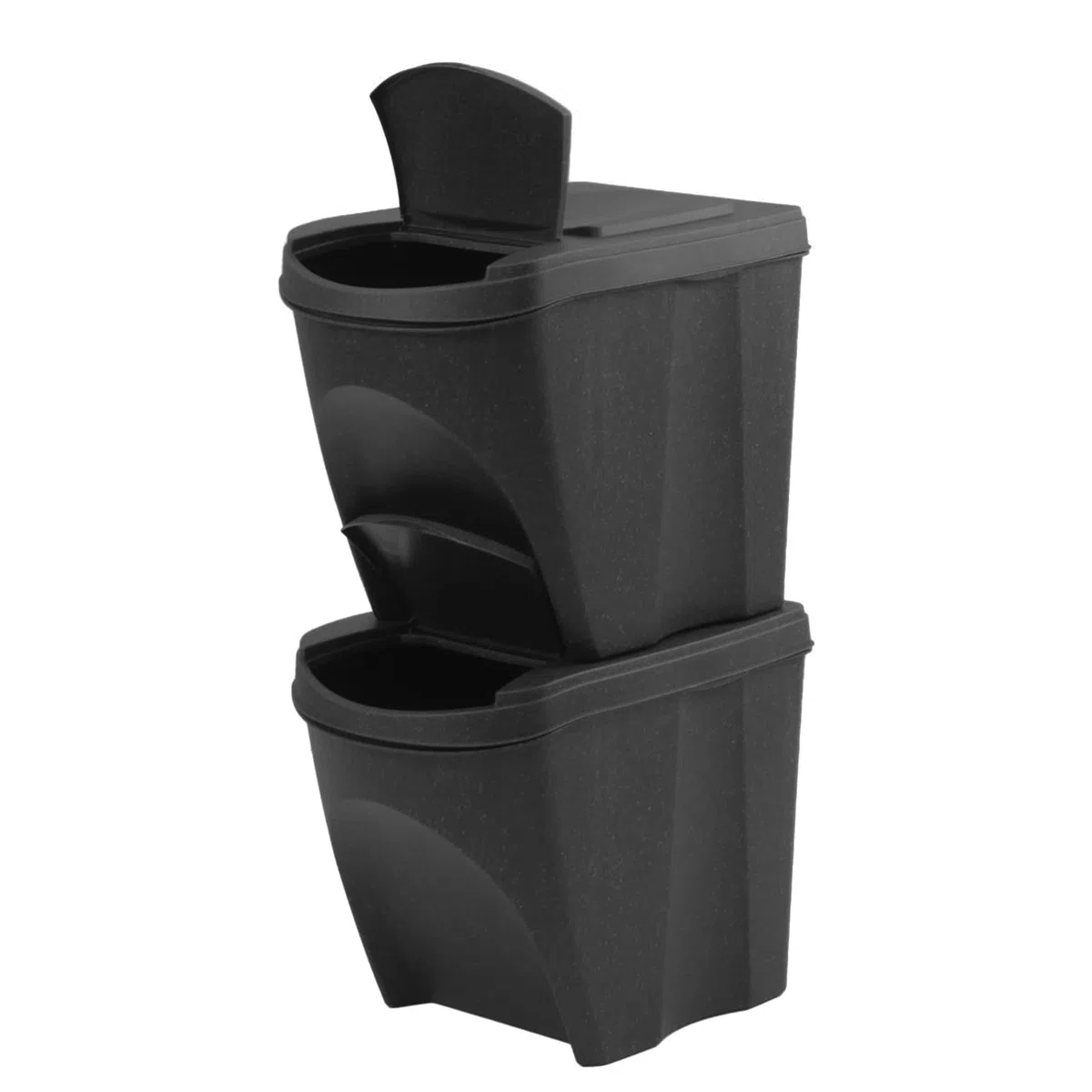 Set di 2 bidoni cestini SortiBox impilabili raccolta differenziata in plastica ECO con 33% legno 50 litri (2x25L) da riciclaggio Antracite pattumiera per interni casa da cucina