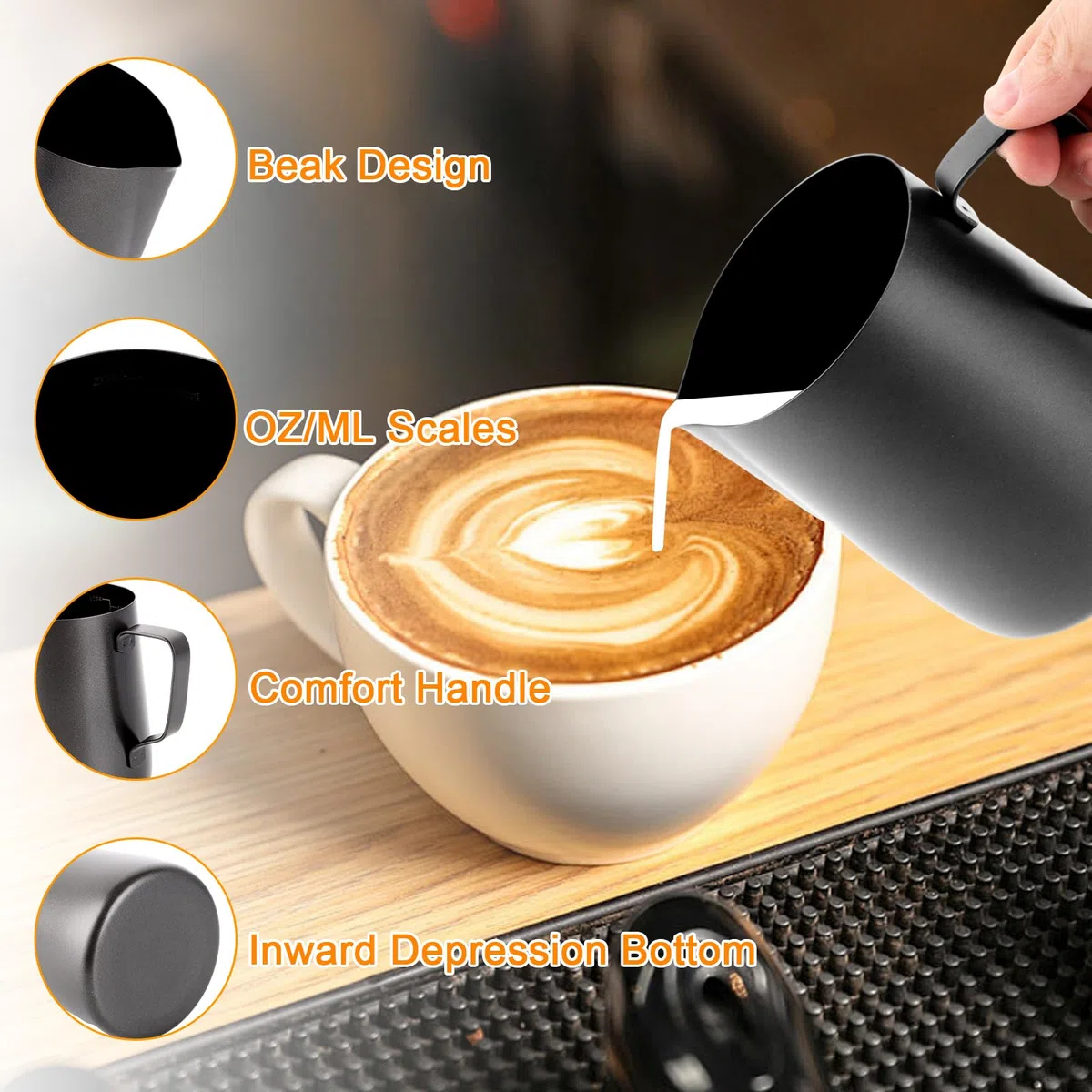 APACALI Barista - 2 bricco per latte in acciaio inox nero, con misurazione Mark e Latte Art, per cappuccino espresso, 600 ml + 350 ml