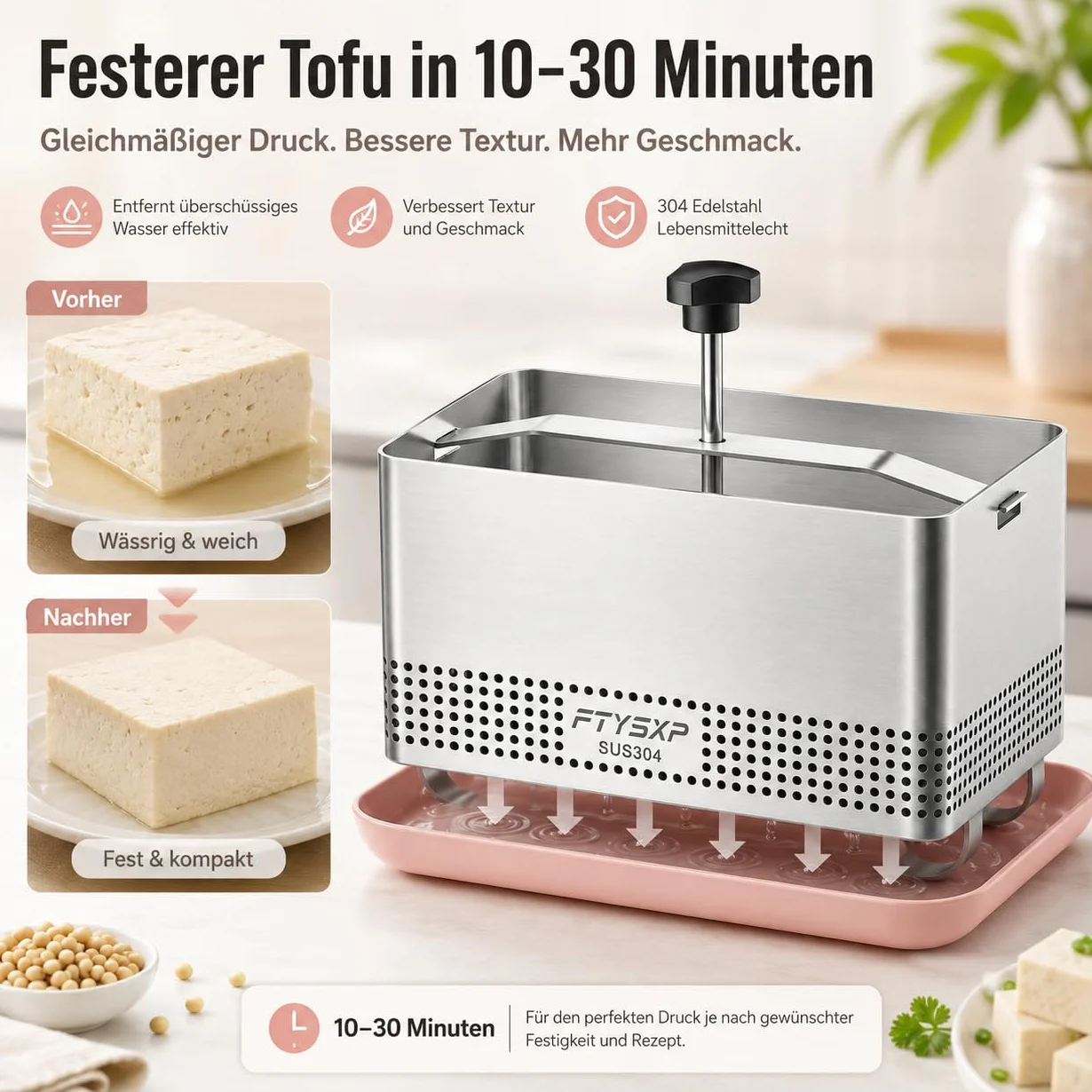 Tofupress 304 - Pressa per formaggi in acciaio inox con pressione regolabile, per tofu e formaggio, multifunzione, in acciaio inox, per prosciutto e pressa per carne, sicurezza lavastoviglie (16 x 12
