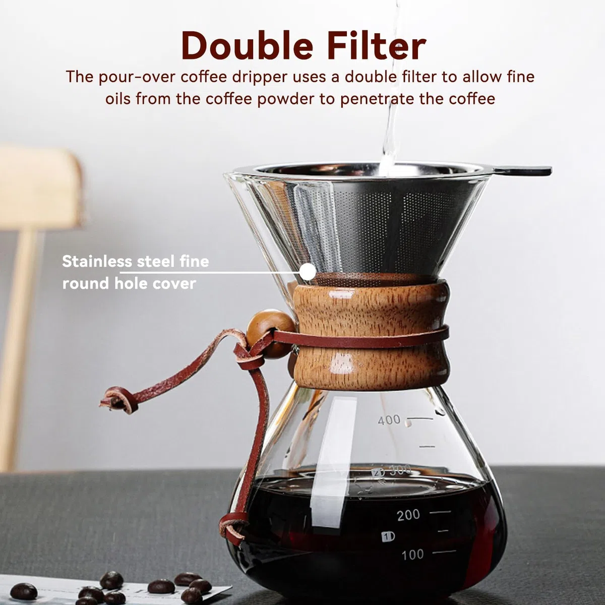 HERCHR Caffettiera Pour Over 400ml con Filtro in Acciaio Inossidabile 304 e Collare in Legno, Caraffa per caffè in vetro borosilicato con collare in legno per 1-2 tazze