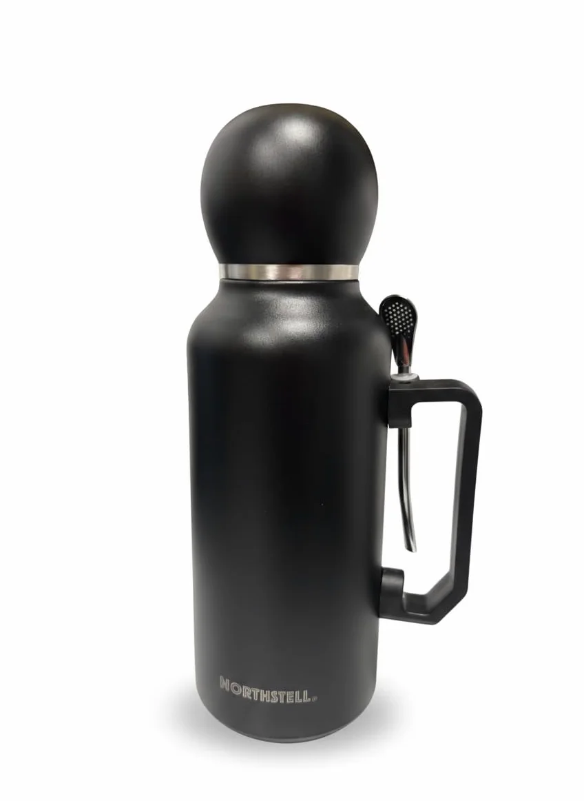 Thermo per Mate Argentino 1,3L in Acciaio Inox con Tappo che Diventa Mate e Bombilla Integrata – Borraccia Termica Grande 1300ml Doppia Parete, Senza BPA, Mantiene Caldo e Freddo (Nero)