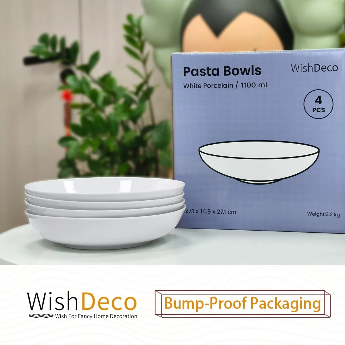 WishDeco Set di 4 Grandi Ciotole per Pasta, Insalatiera Porcellana 1100 ml, Piatti Fondi Bianche, Ciotola da Portata per Spaghetti, Ramen, Colazione, Zuppa