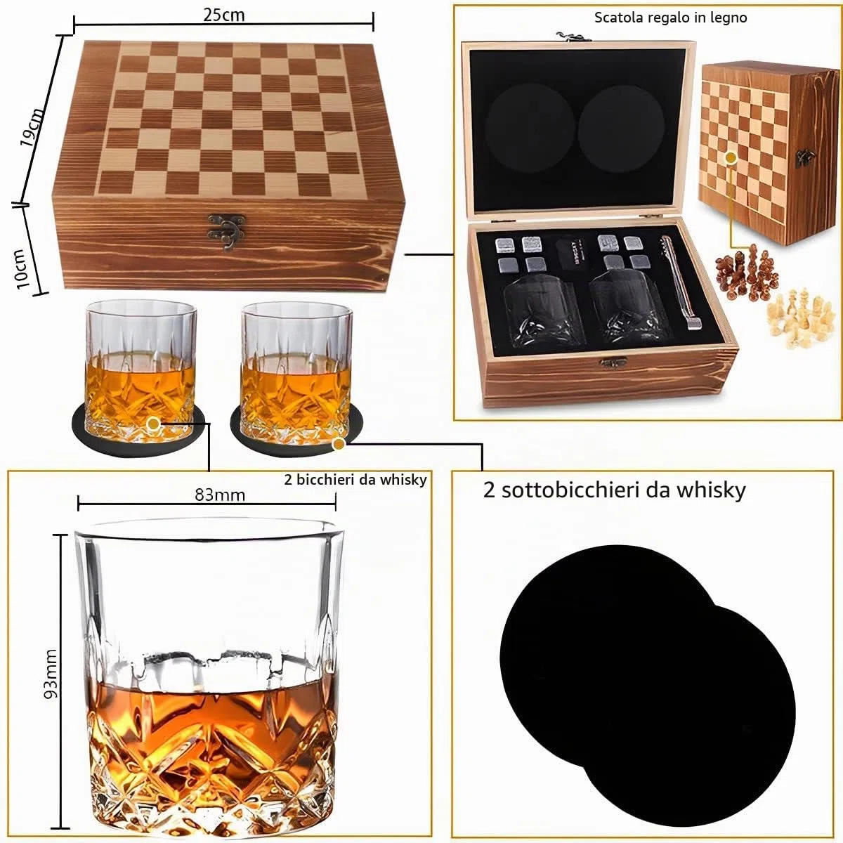 Whisky Glass Gift Set,Whisky Stones,Whisky Bicchieri Set di 2,Set di accessori da Cocktail Regalo per papà, Marito, Uomini (Style 01)