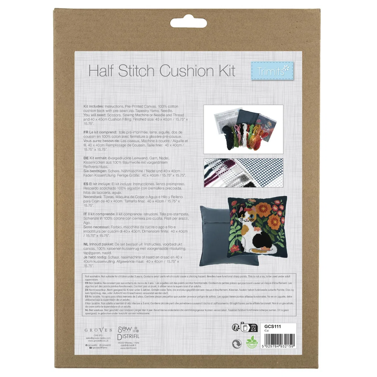 Trimits Kit per cuscino a punto croce, cuscino posteriore incluso, tela prestampata, filo e ago inclusi 40 x 40 cm, gatto