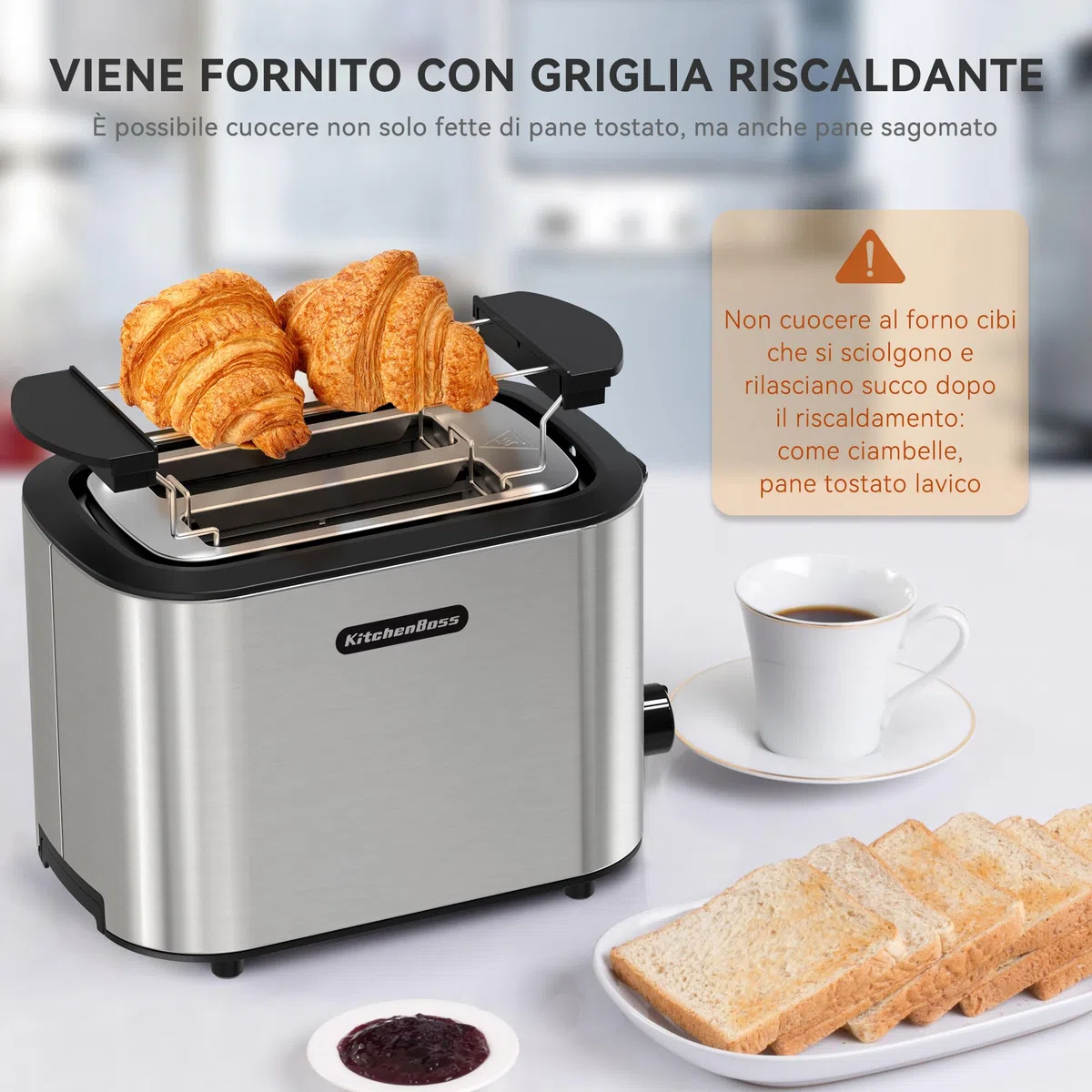 KitchenBoss Tostapane in Acciaio Inox：Tostapane per 2 fette con Pinze, 6 Livelli di Tostatura, con Cassetto Raccoglibriciole e Griglia per il Pane, Funzione di Spegnimento Auto e Sbrinamento, 870 W