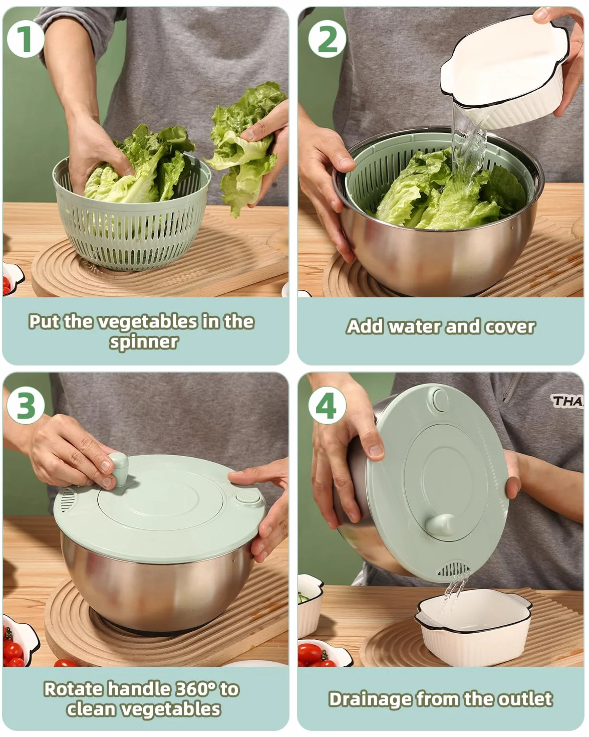 5 l, centrifuga per insalata con coperchio con 6 taglierine e 1 tagliere, centrifuga per insalata, in acciaio inox, utilizzata per pulire insalate, verdure, frutta, asciugare e tagliare