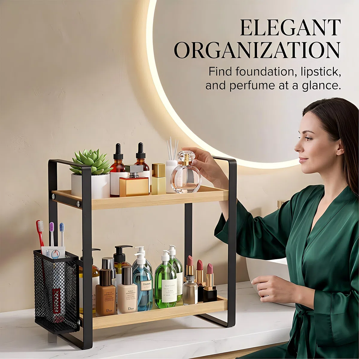 LEMIKKLE Organizer per il piano di lavoro del bagno, vassoio per profumo e organizer per cosmetici, organizer per la cura della pelle con cestino, organizer per bagno, cucina, comò, WOOD RACK-01
